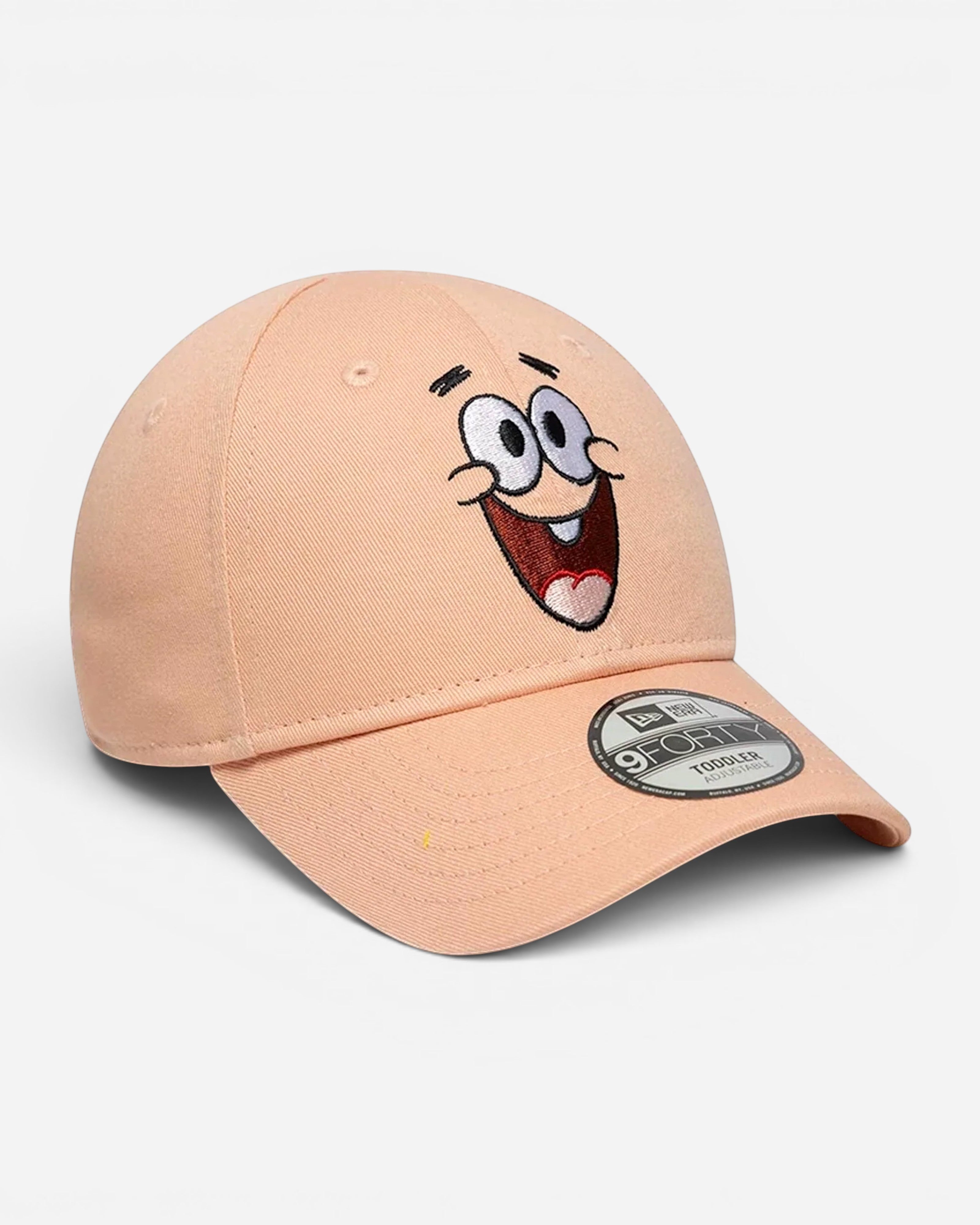 Astrofat Toddler 9FORTY cap in peach cotton featuring an embroidered Patrick Star face graphic on the front and a curved brim.
