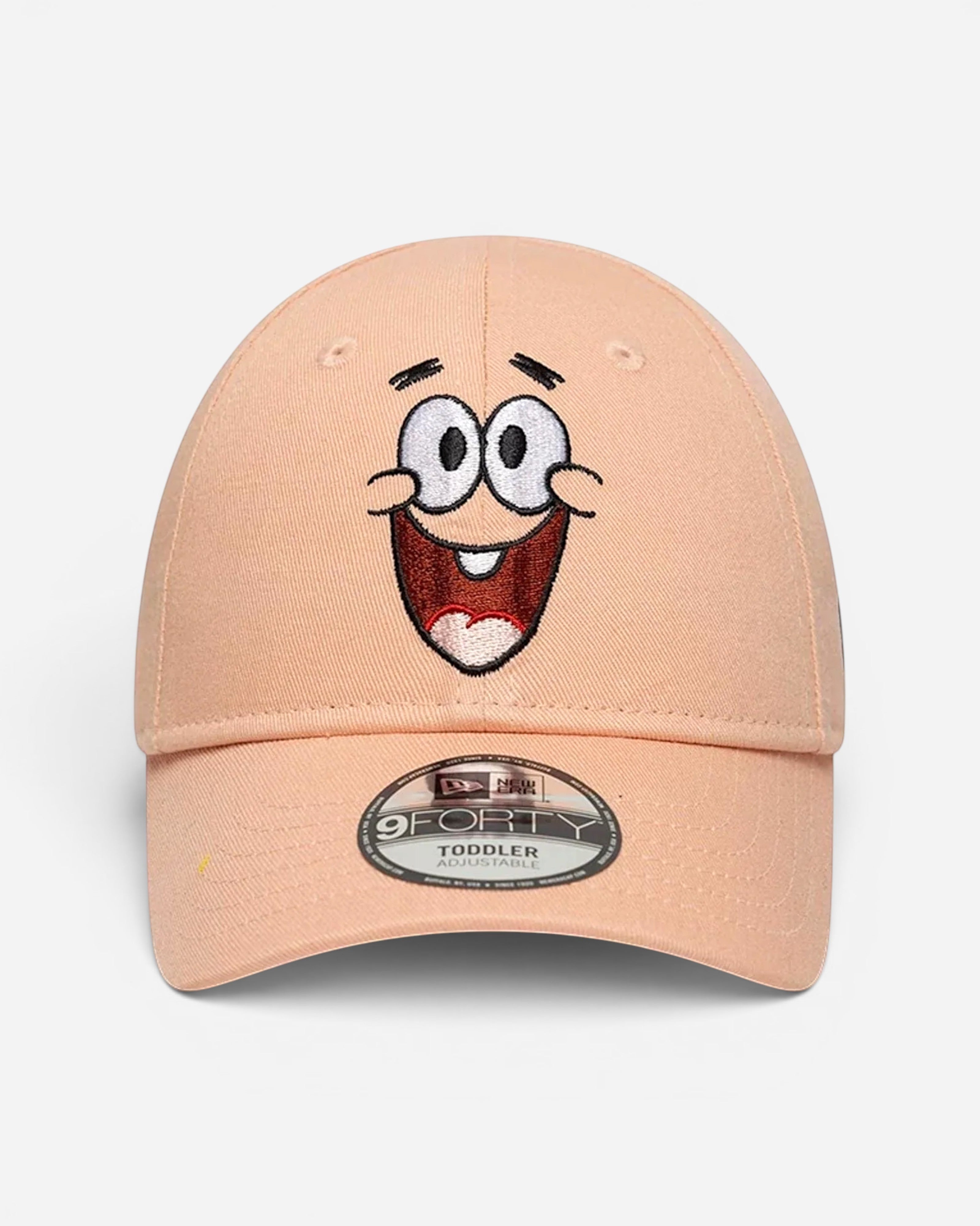 Astrofat Toddler 9FORTY cap in peach cotton featuring an embroidered Patrick Star face graphic and adjustable velcro strap.