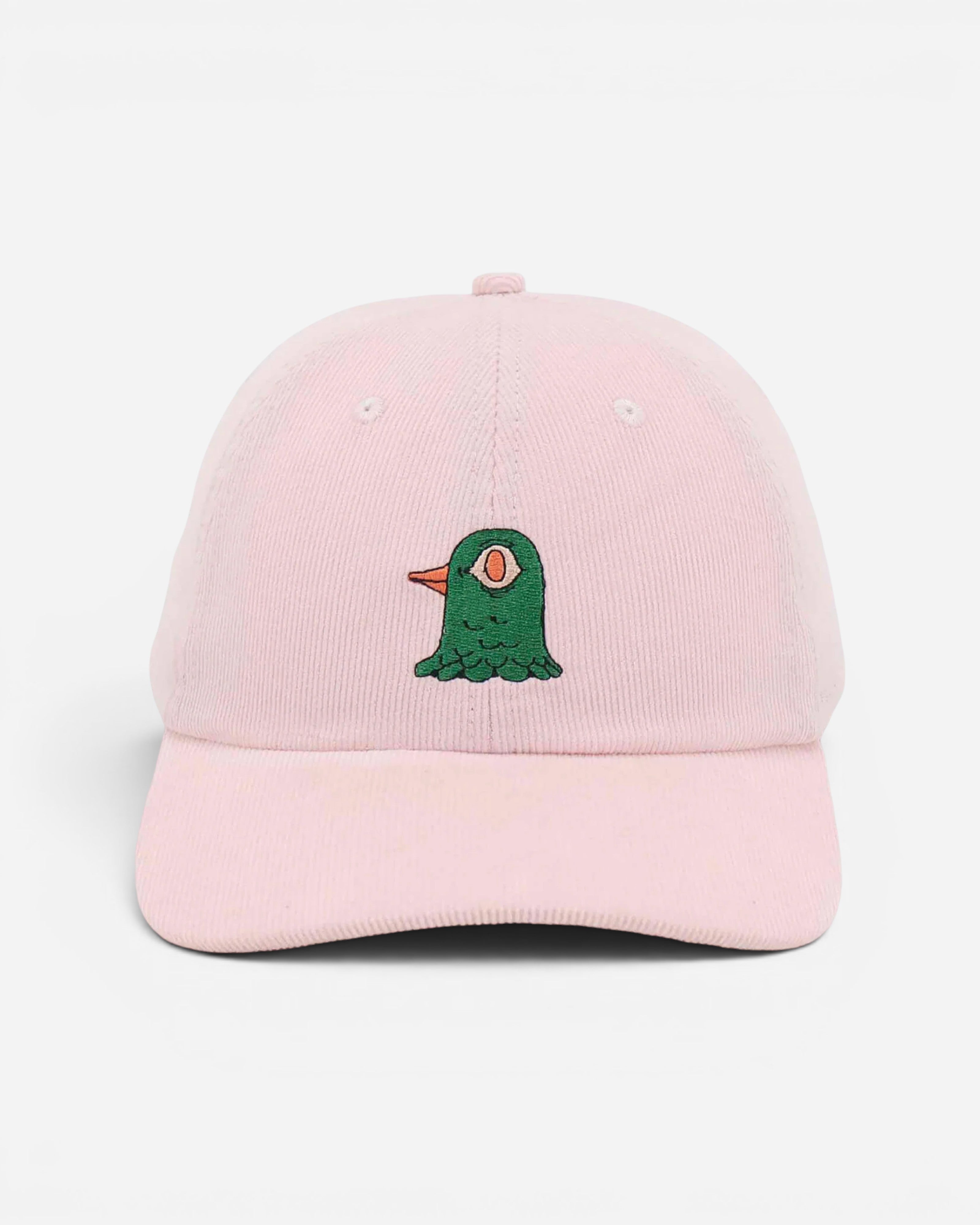 Astrofat pink corduroy baseball cap with a green embroidered bird head graphic. Unisex, one size.