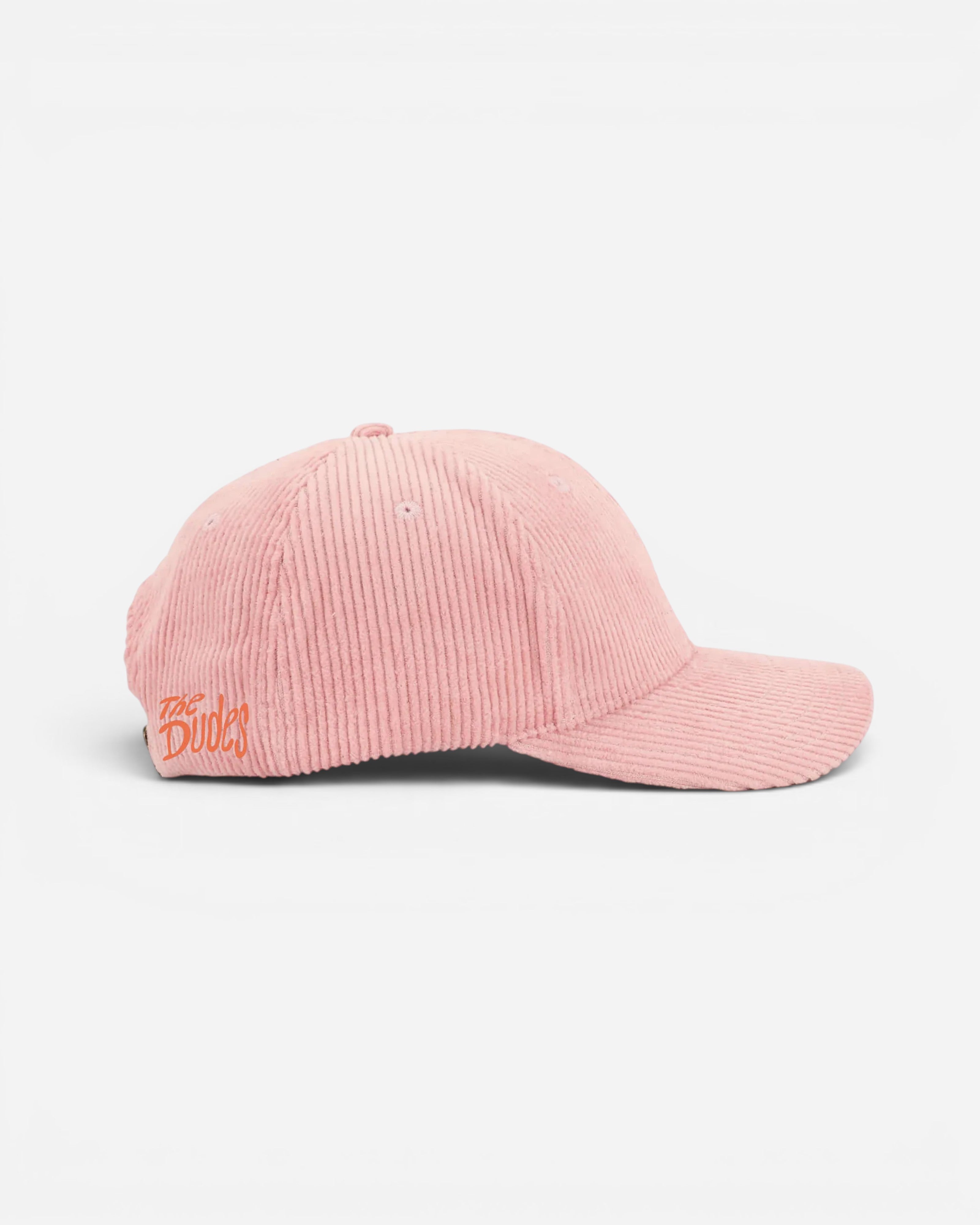 Astrofat pink corduroy baseball cap with embroidered orange 'The Dudes' logo on the side. Unisex, one size fits all.