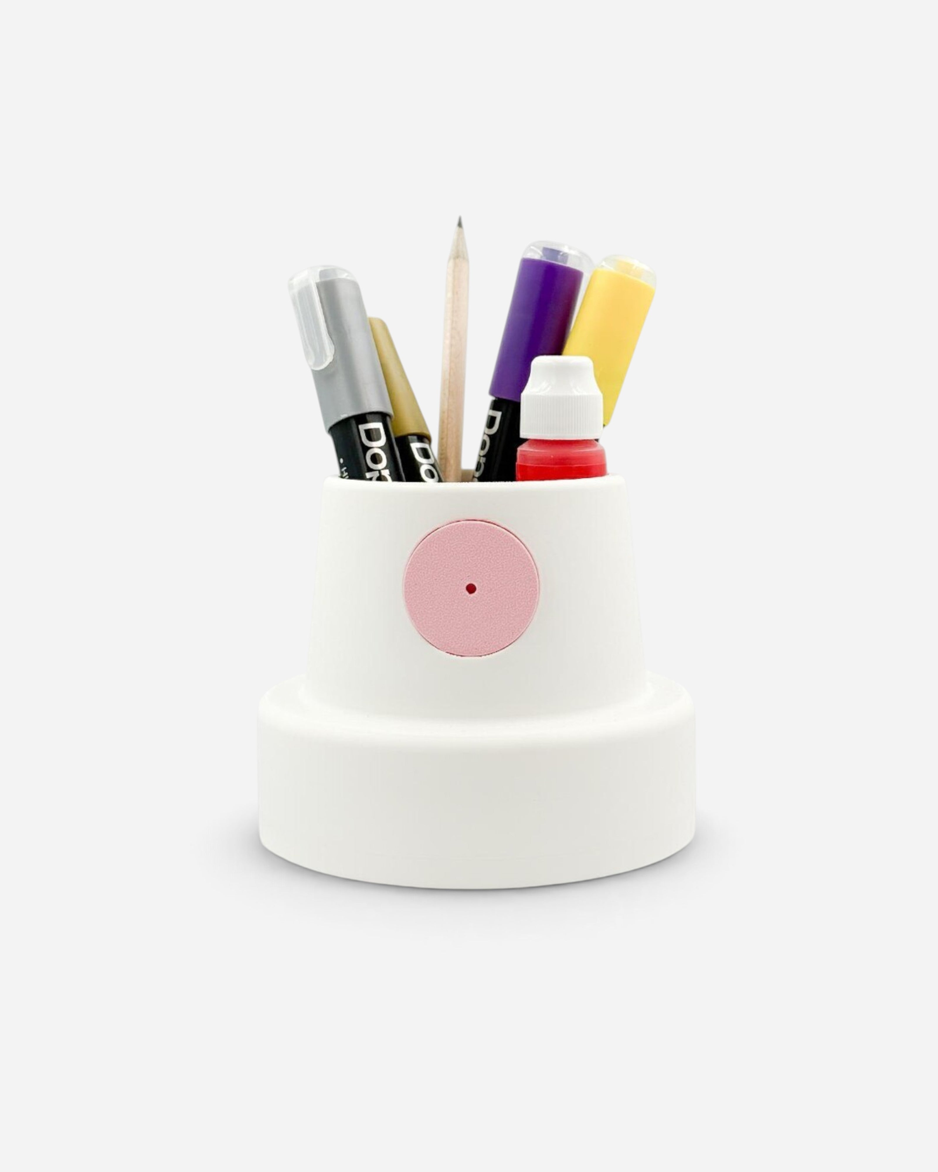 Astrofat pink fat cap desk organizer made of PLA, holding various pens and markers on a white background.