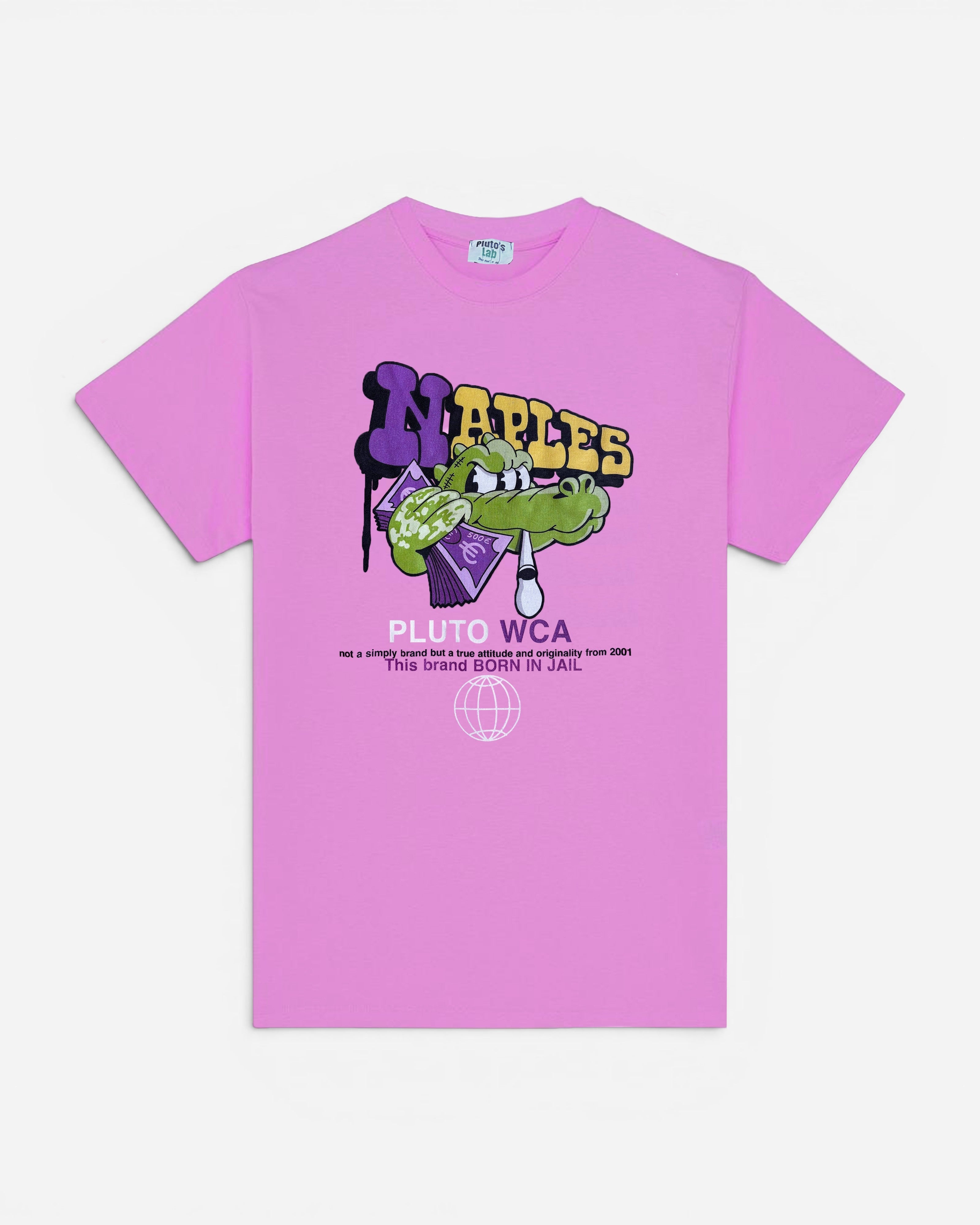 Astrofat pink cotton t-shirt with a graphic print of a cartoon alligator holding money and the word NAPLES in graffiti style.