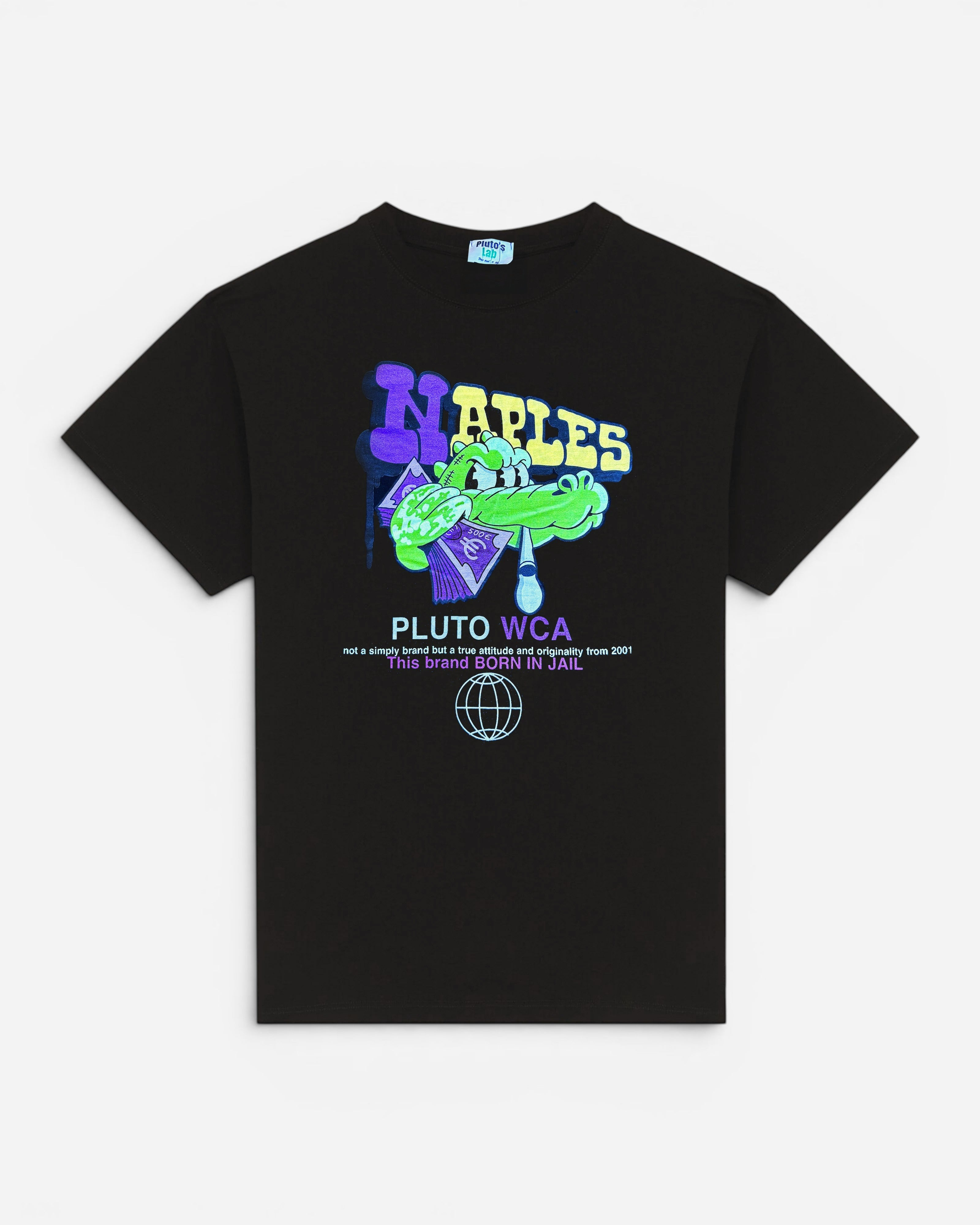 Astrofat Pluto's Lab Naples black t-shirt with a graphic of a green alligator holding money and the word Naples in graffiti style.
