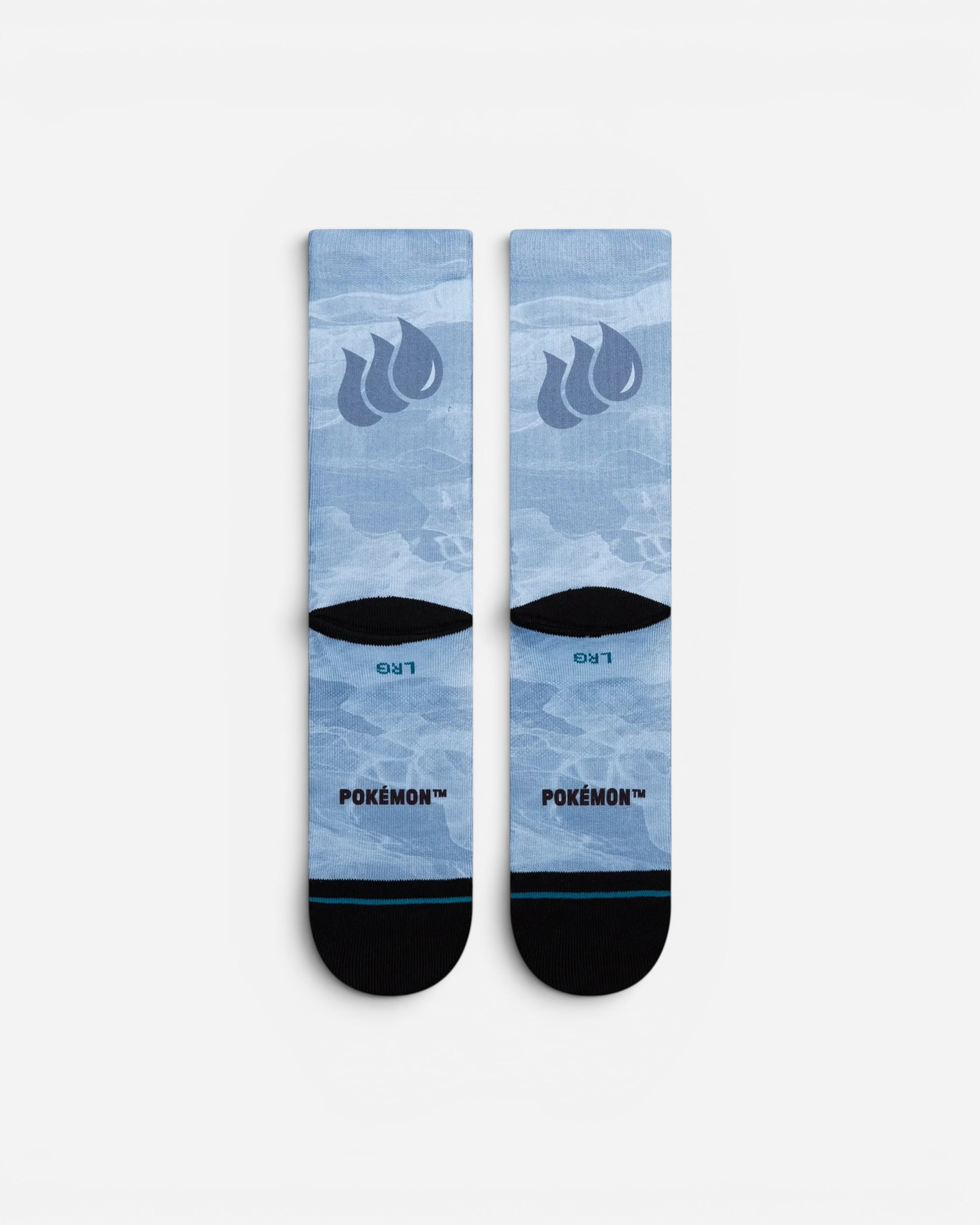 Astrofat Pokemon Blastoise crew socks in light blue with water-inspired print, black heels, and logo detailing.