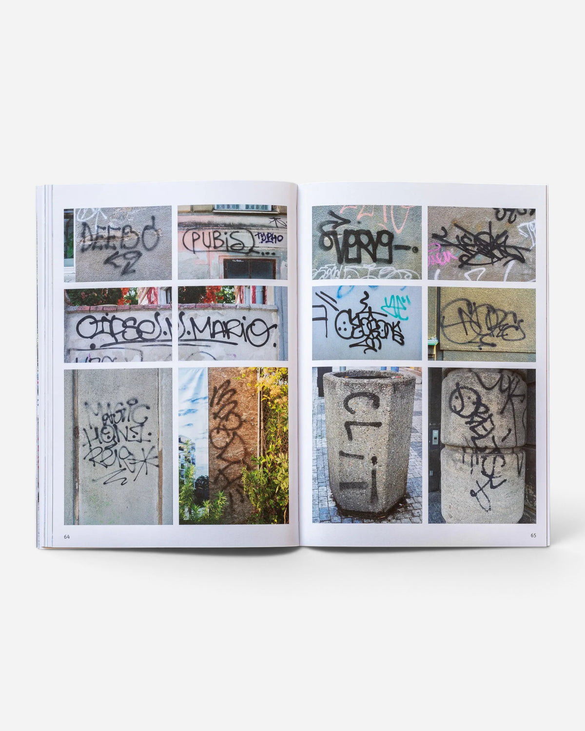 Astrofat Praha Tourist Information zine open to pages 64 and 65 showing a collage of Prague street graffiti tags.