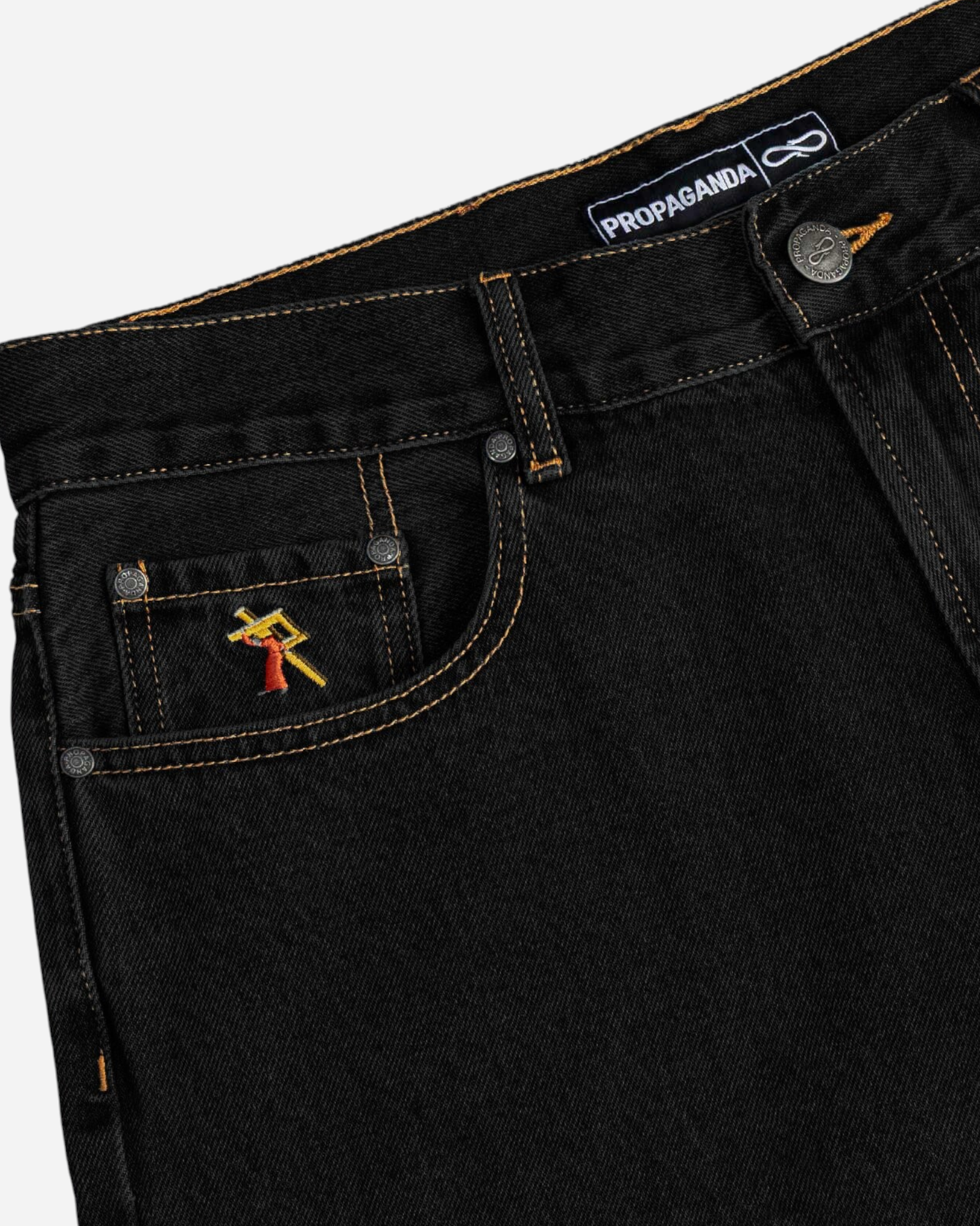 Astrofat Propaganda black denim shorts featuring contrast orange stitching and embroidered coin pocket detail.