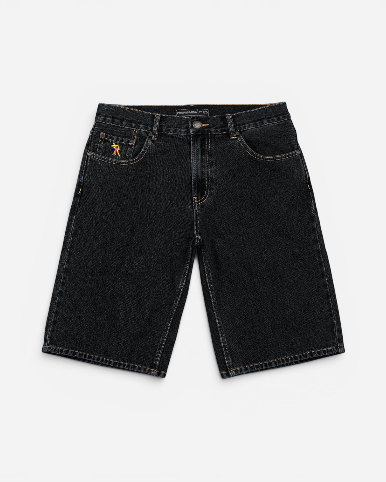 Astrofat Propaganda black denim shorts with embroidered logo on the coin pocket and contrast stitching.