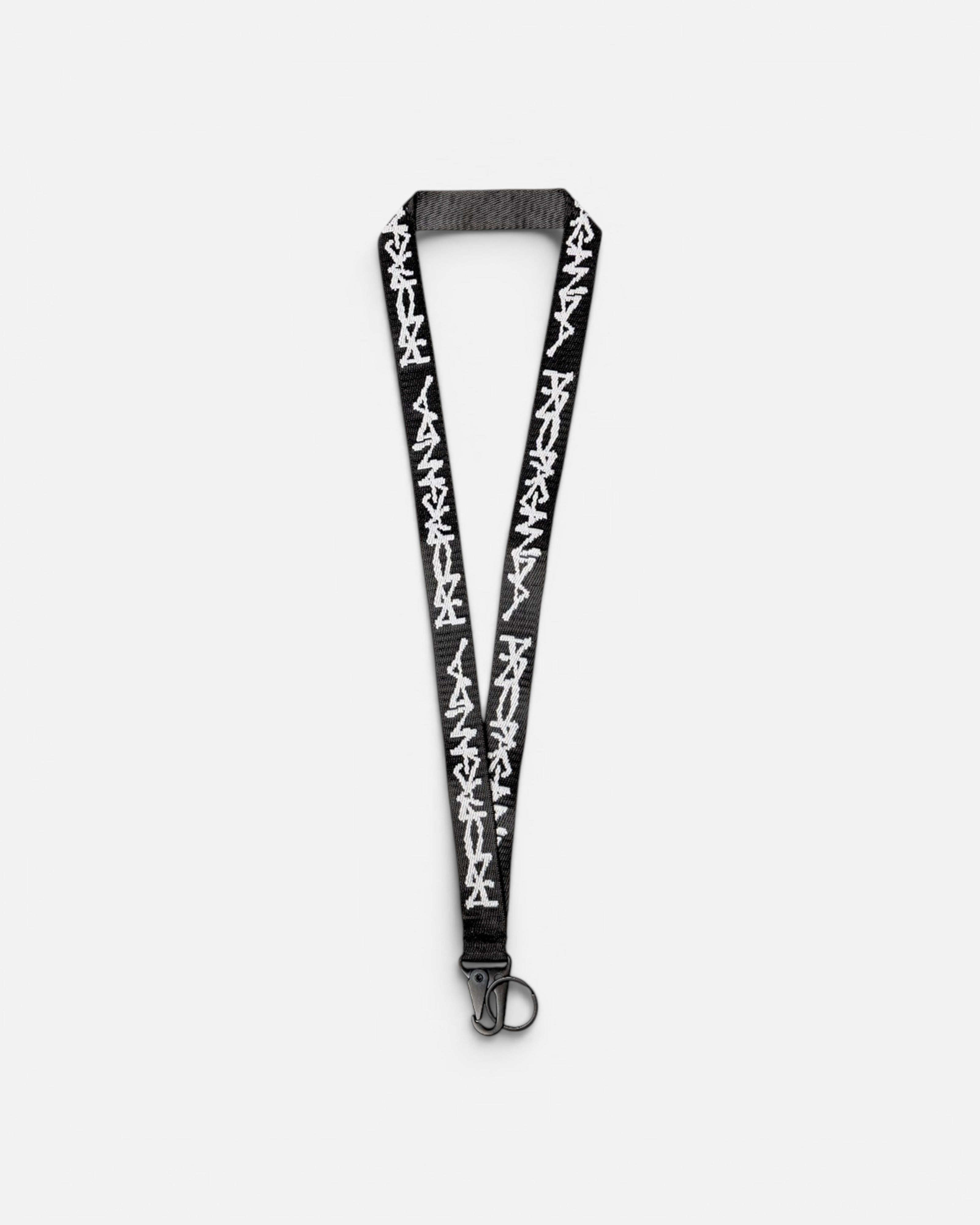 Astrofat Propaganda black polyester lanyard with white jacquard script logo and a black metal carabiner clip.