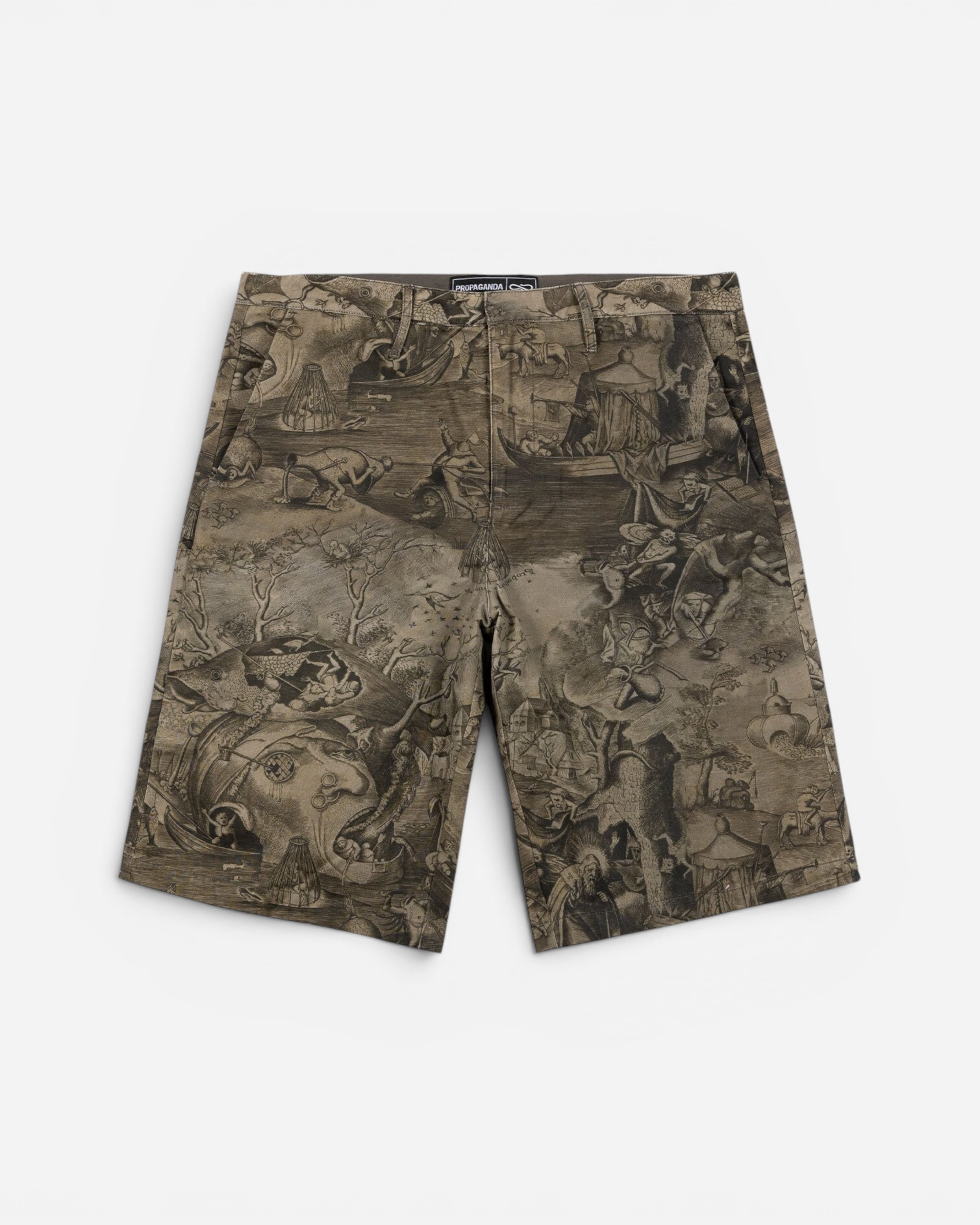 Astrofat Propaganda Ghostrider chino shorts in olive green with an all-over dark illustrative graphic print