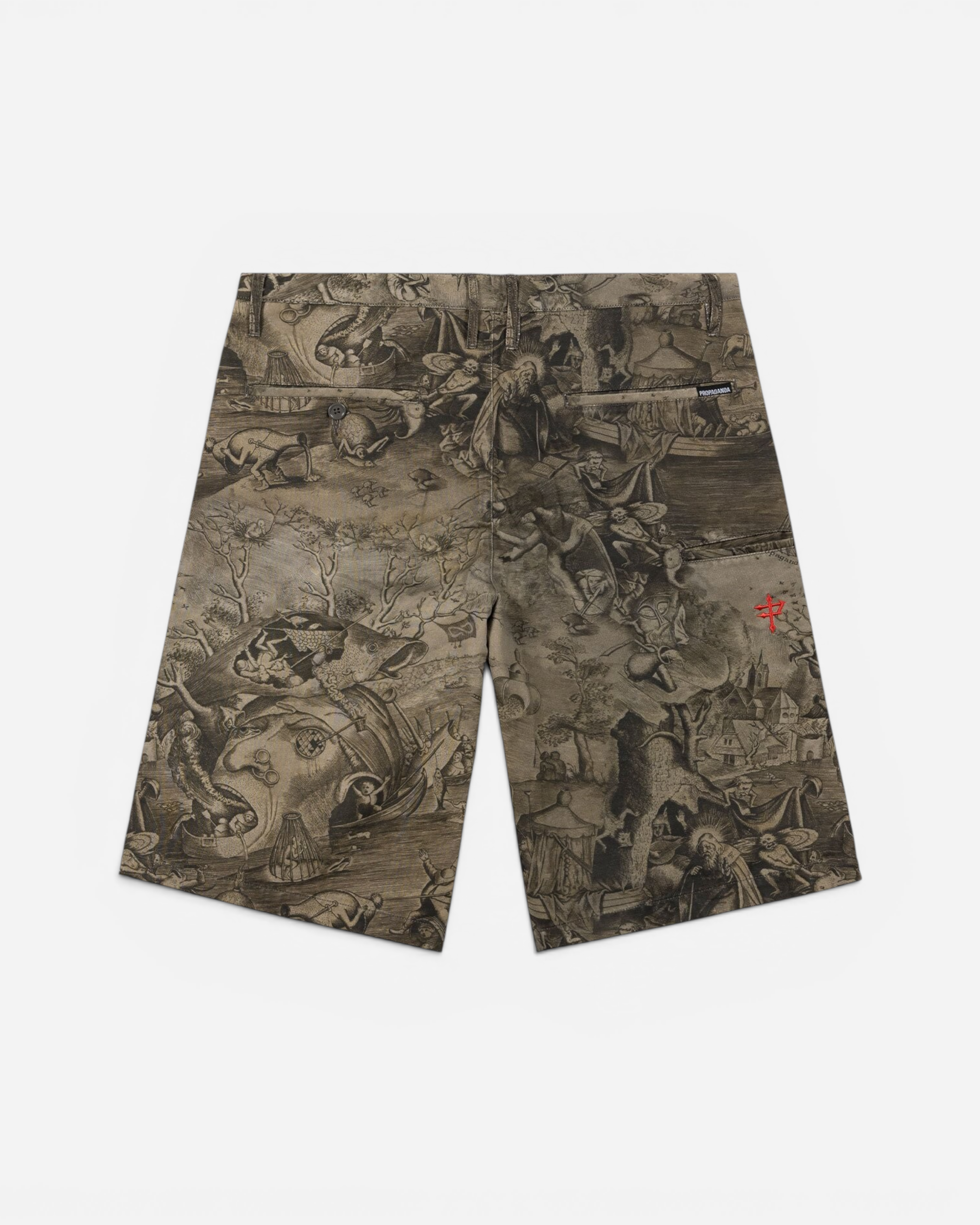 Astrofat Propaganda Ghostrider swim shorts in beige with an all-over dark surrealist print, elastic waist, and back pocket.