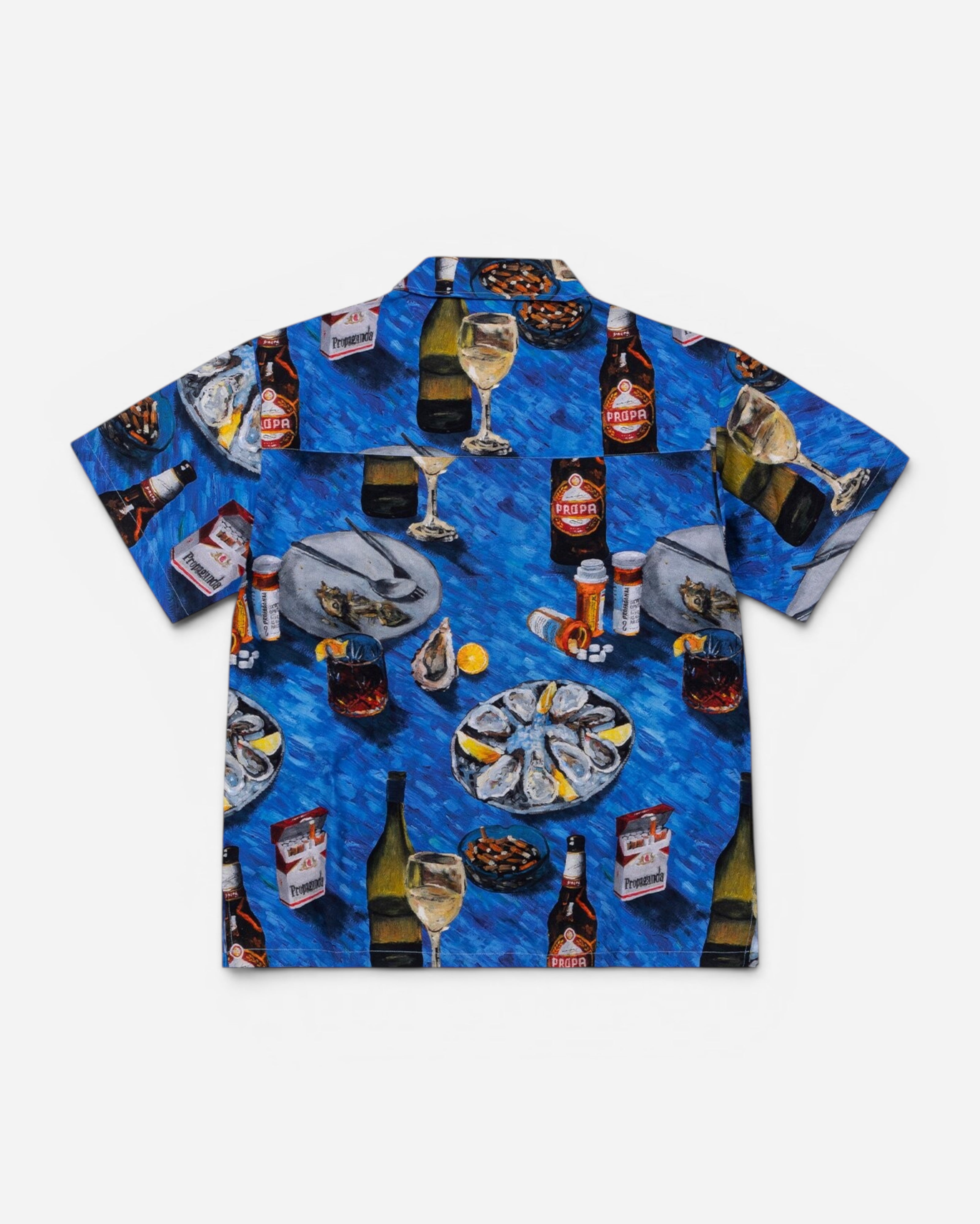 Astrofat Propaganda short-sleeve cotton shirt in blue with an all-over oyster and drink print and chest pocket label.