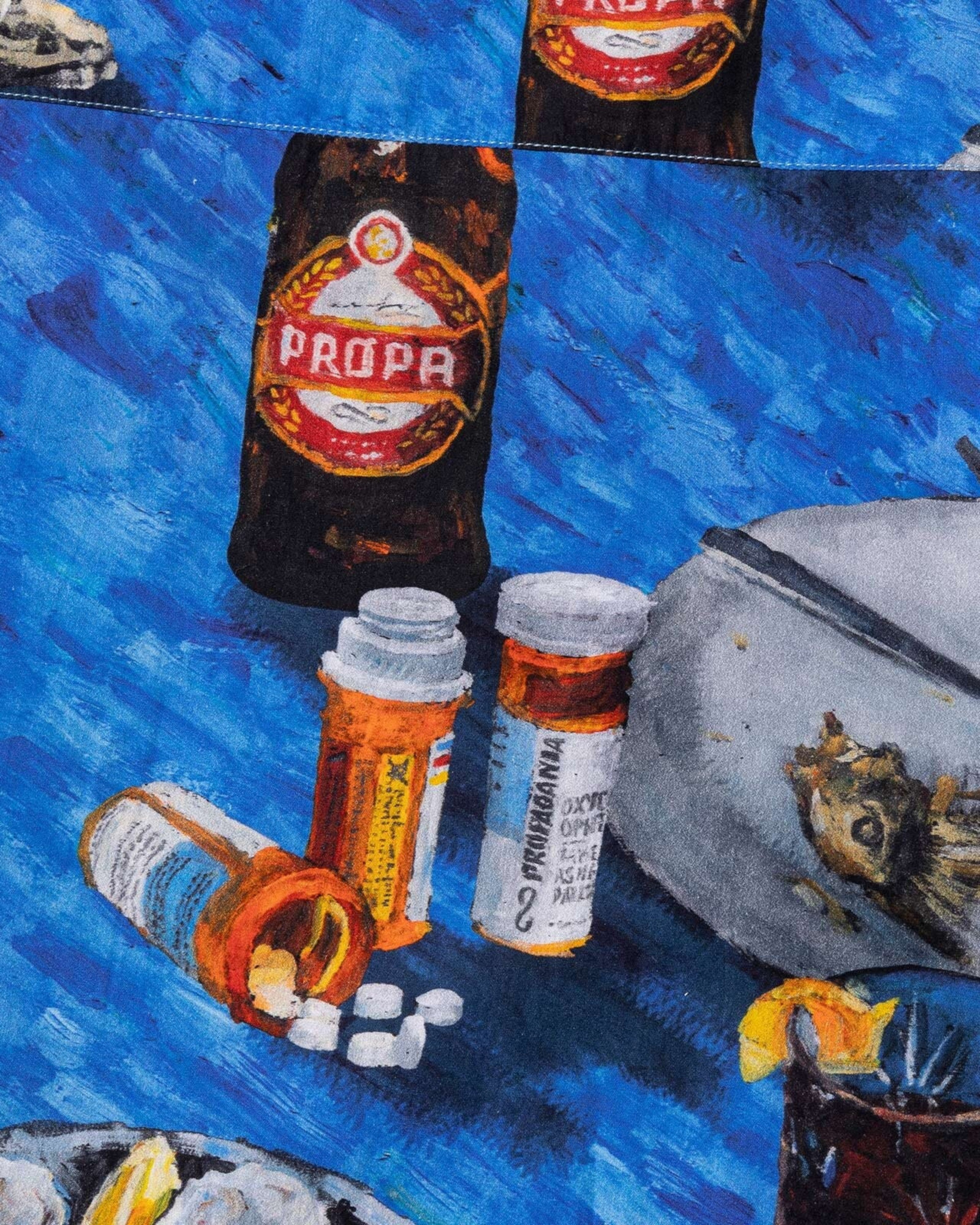 Astrofat Propaganda Oyster short-sleeve cotton shirt with an all-over print of bottles, pills, and oysters.