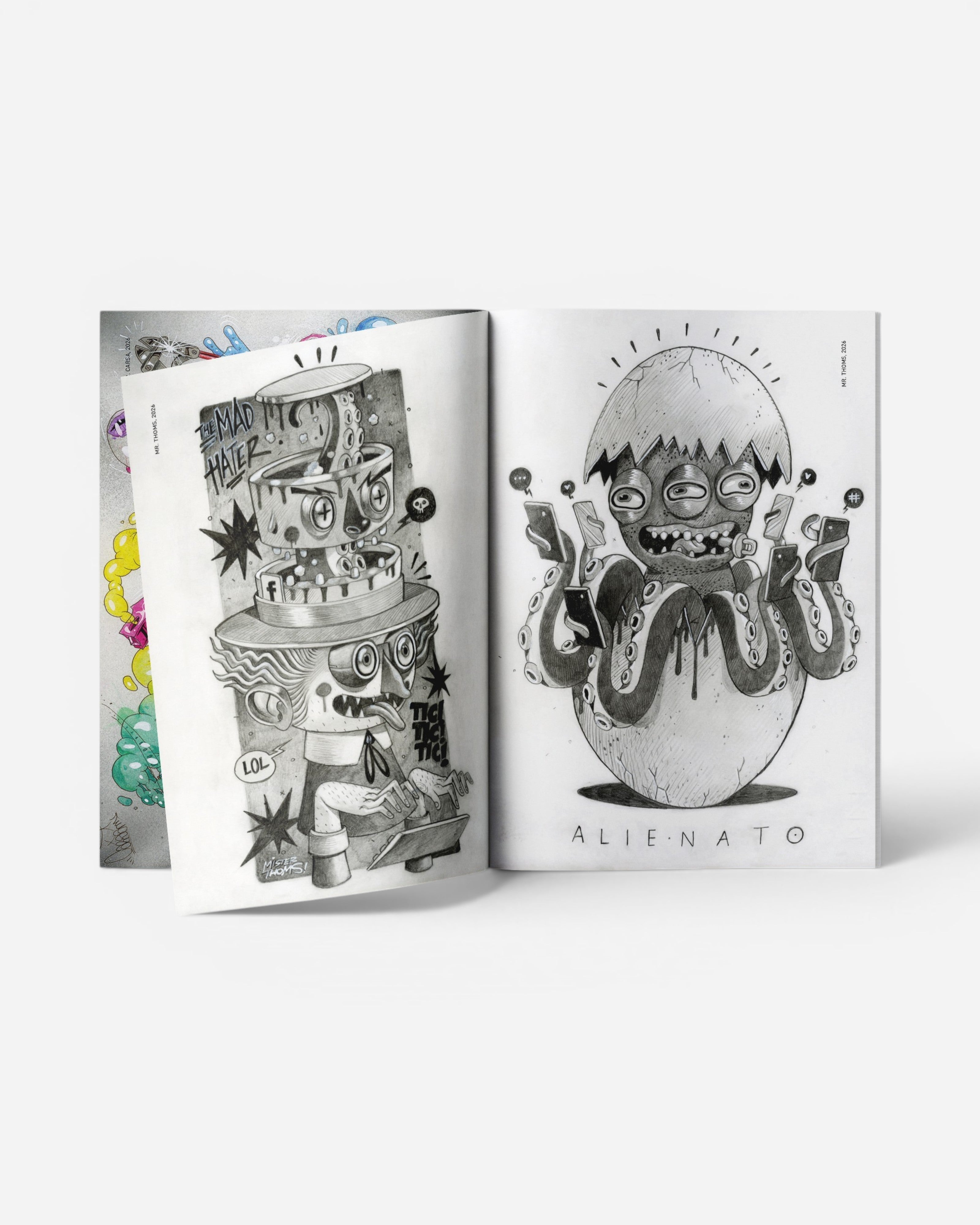 Astrofat PUPPETS: 30 Italian Masters Of Hip Hop Characters Vol.2 book featuring graffiti art sketches of characters like The Mad Hatter and an alien octopus.