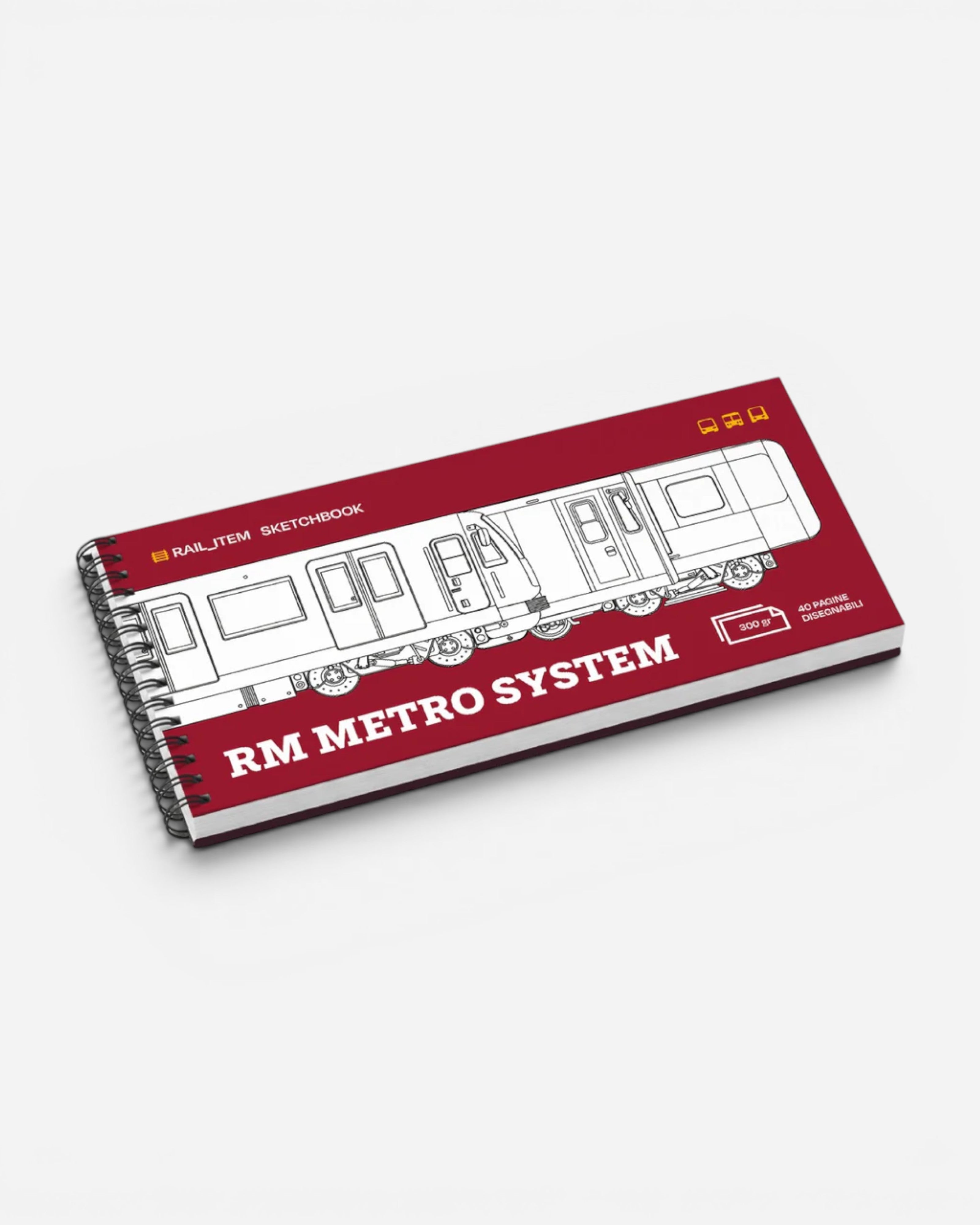 Astrofat Rail Item Sketchbook Edizione Roma Metro System, spiral-bound, red cover with line drawing of a metro train.