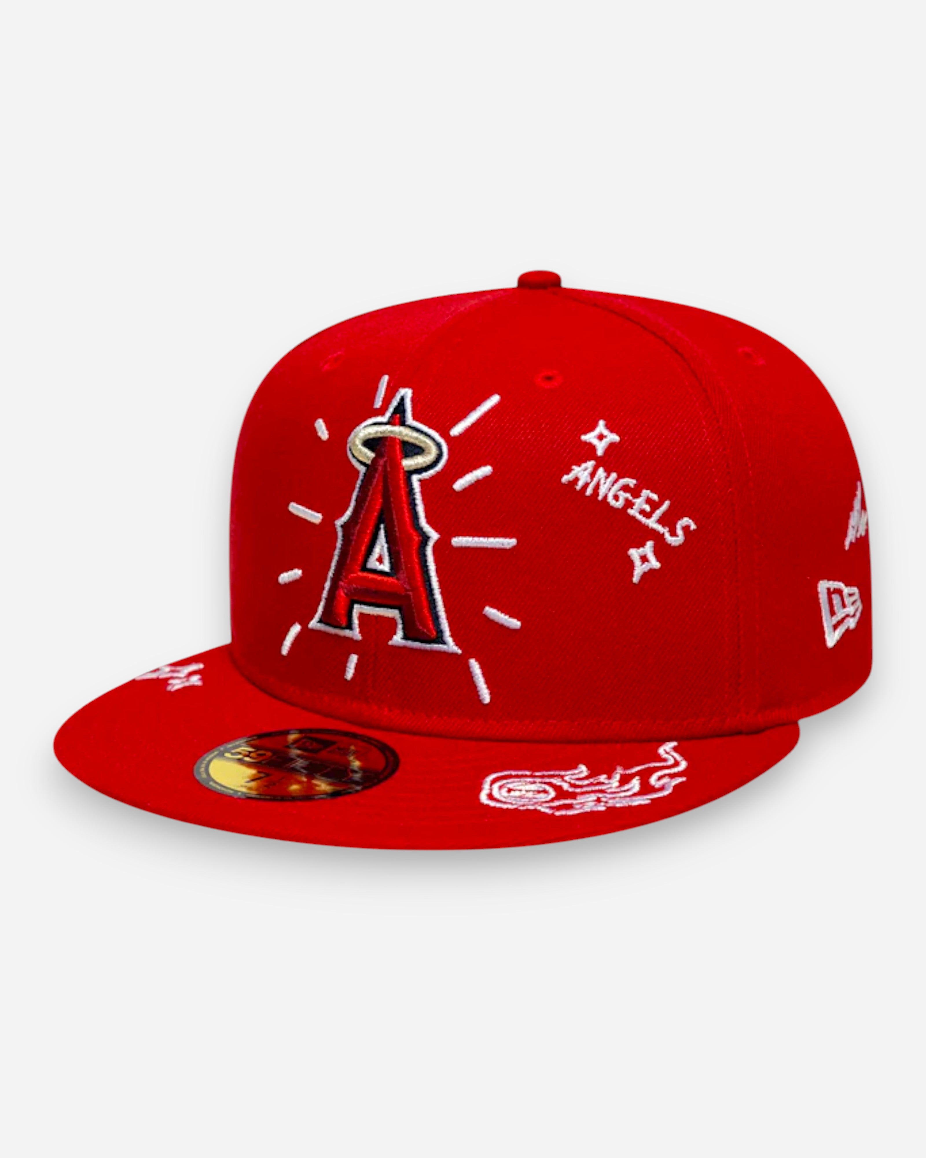 Astrofat red fitted cap with LA Angels logo, "Angels" text, and embroidered details. MLB cap with flat brim.
