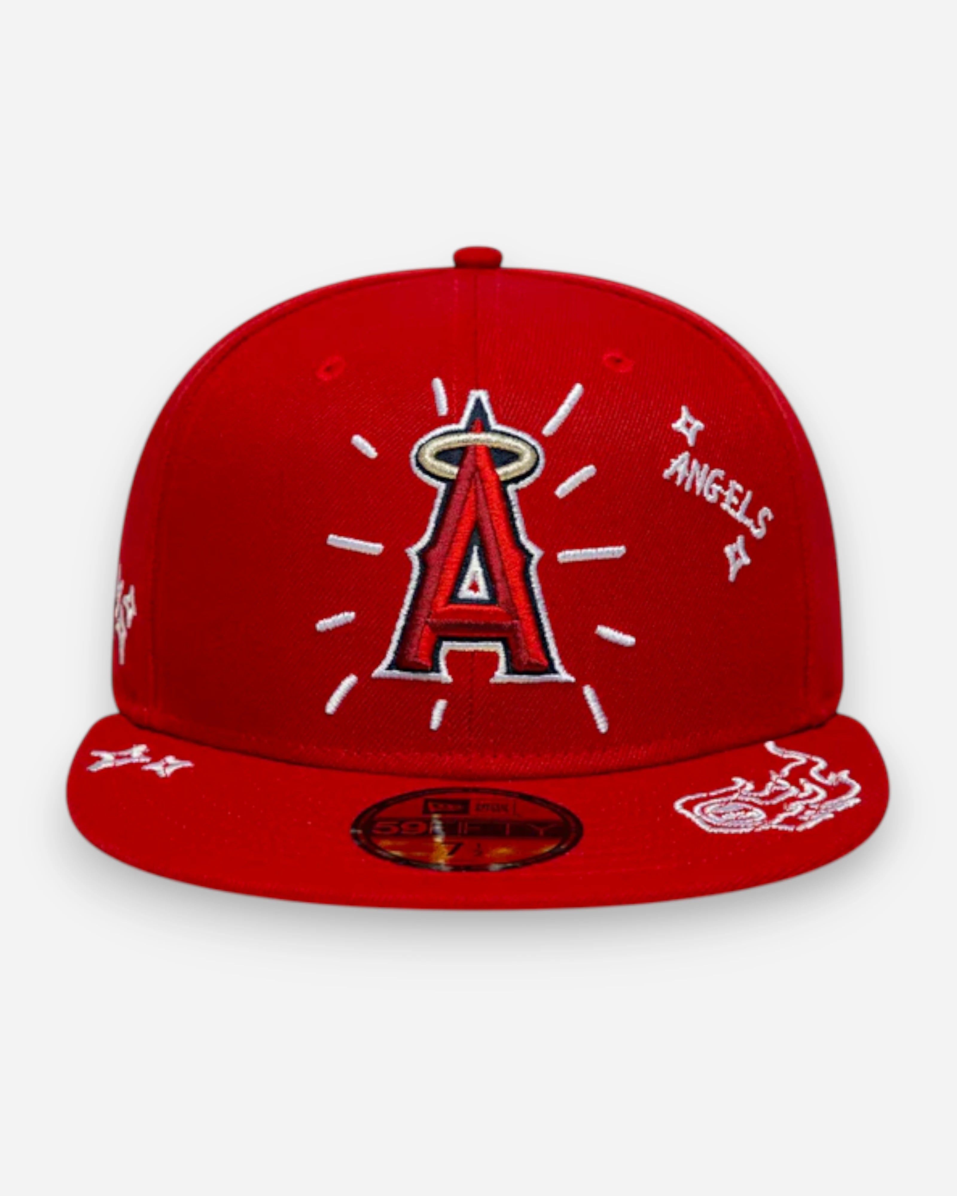 Astrofat red 59FIFTY fitted LA Angels MLB baseball cap with embroidered 'A' logo, halo, and scribble details.