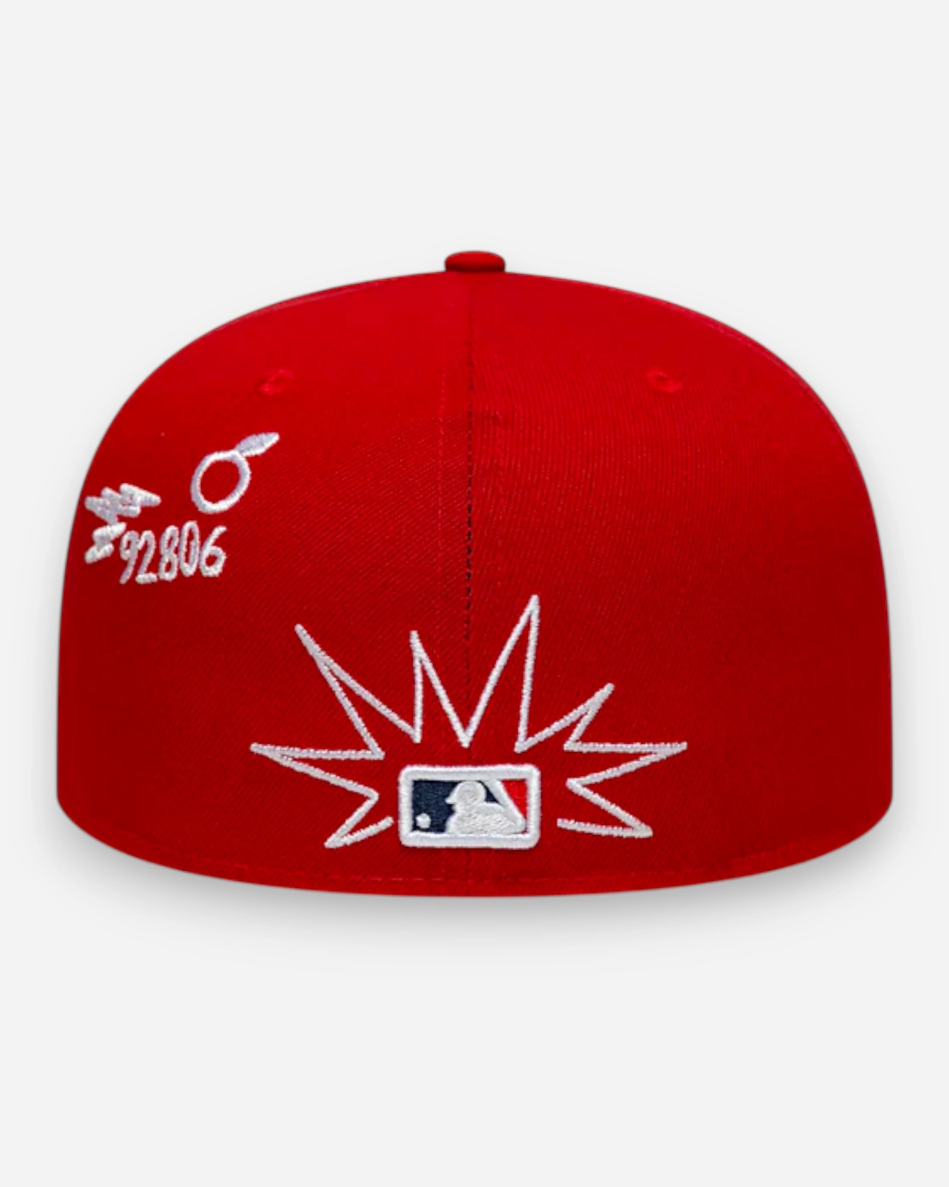 Astrofat red 59FIFTY fitted LA Angels MLB cap with white scribble embroidery and MLB logo.