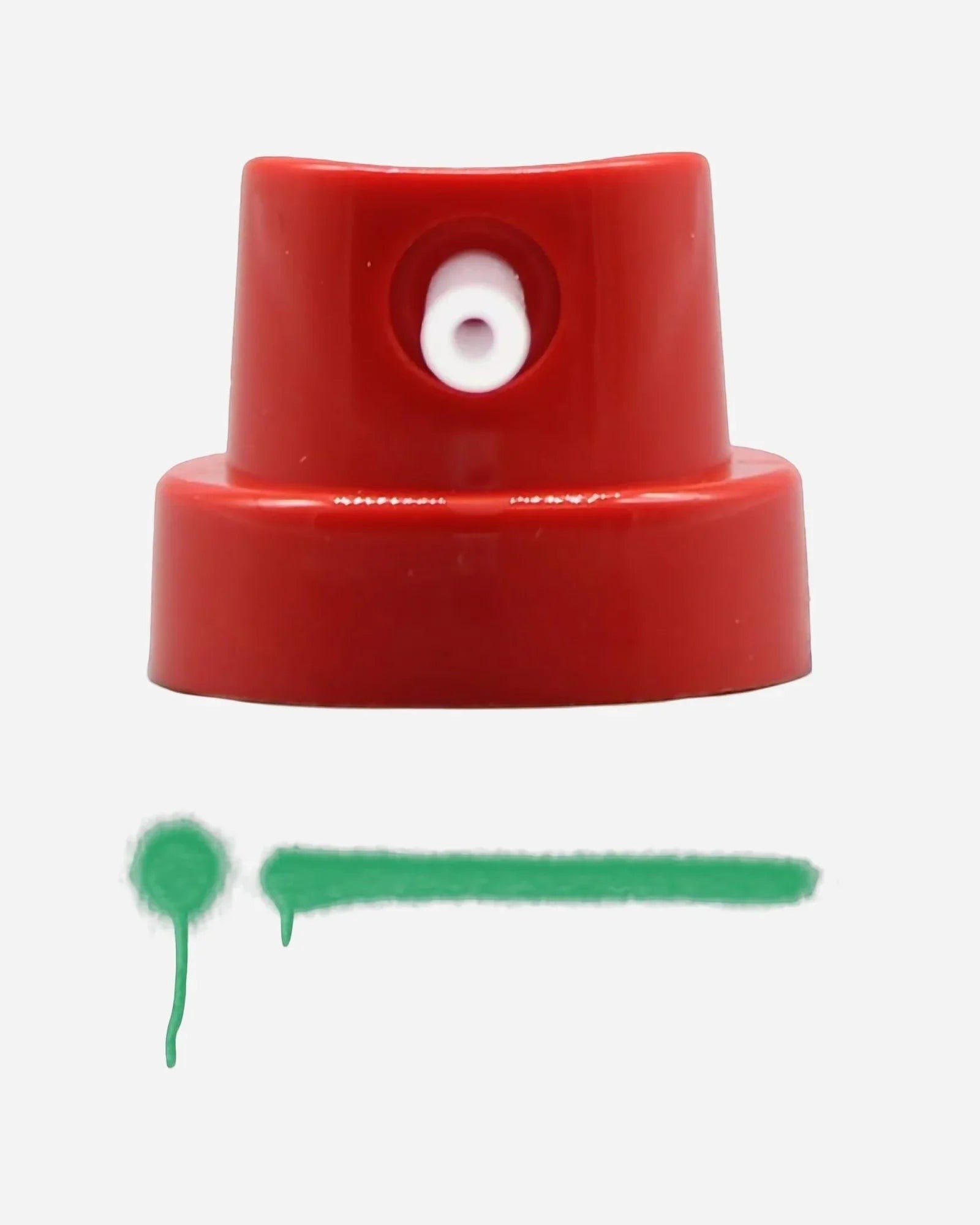 Astrofat red needle cap spray paint nozzle with white insert, showing thin line spray pattern.