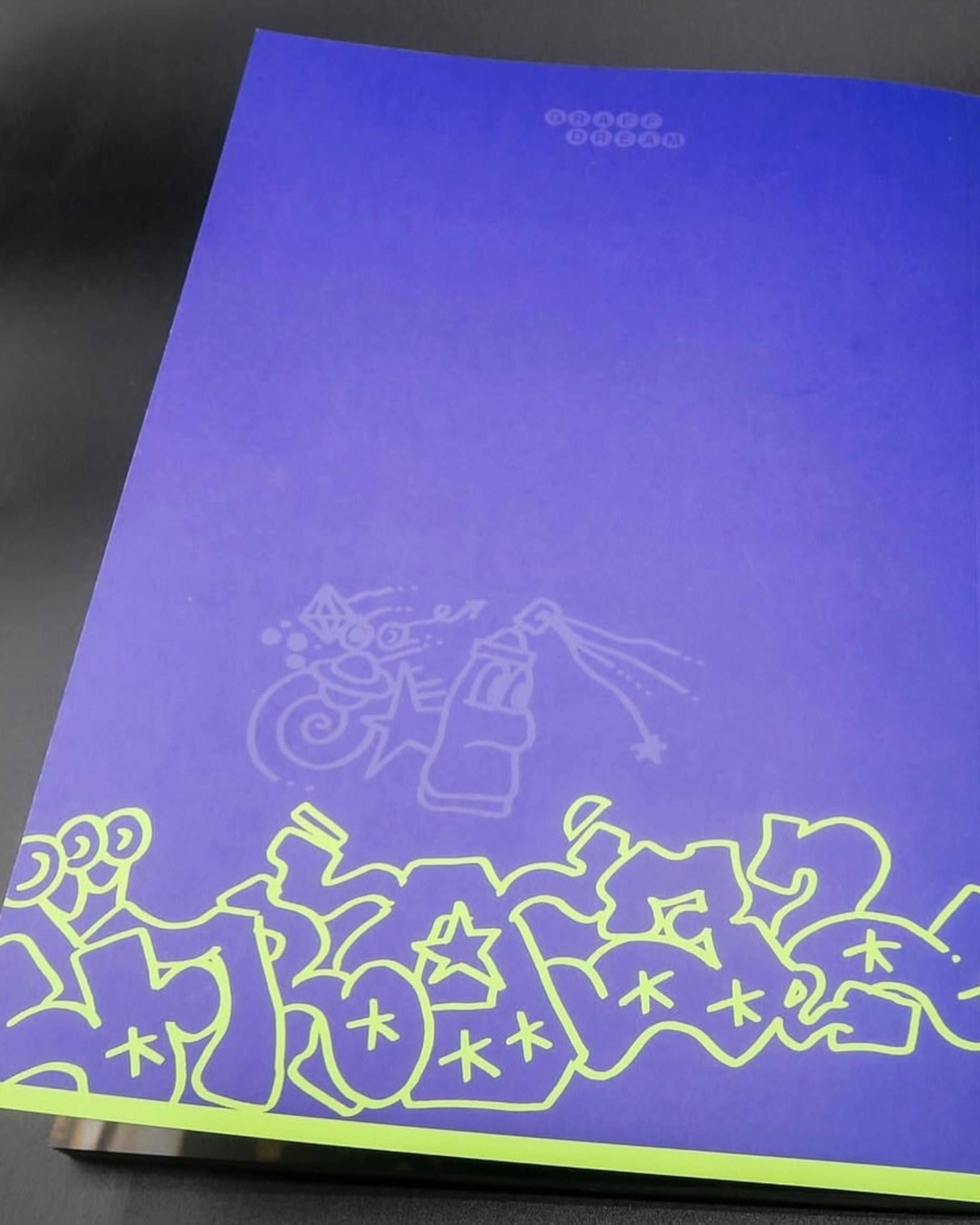 Astrofat Reincarnations The Many Lives of FRA32 book with a purple cover and lime green graffiti art design.