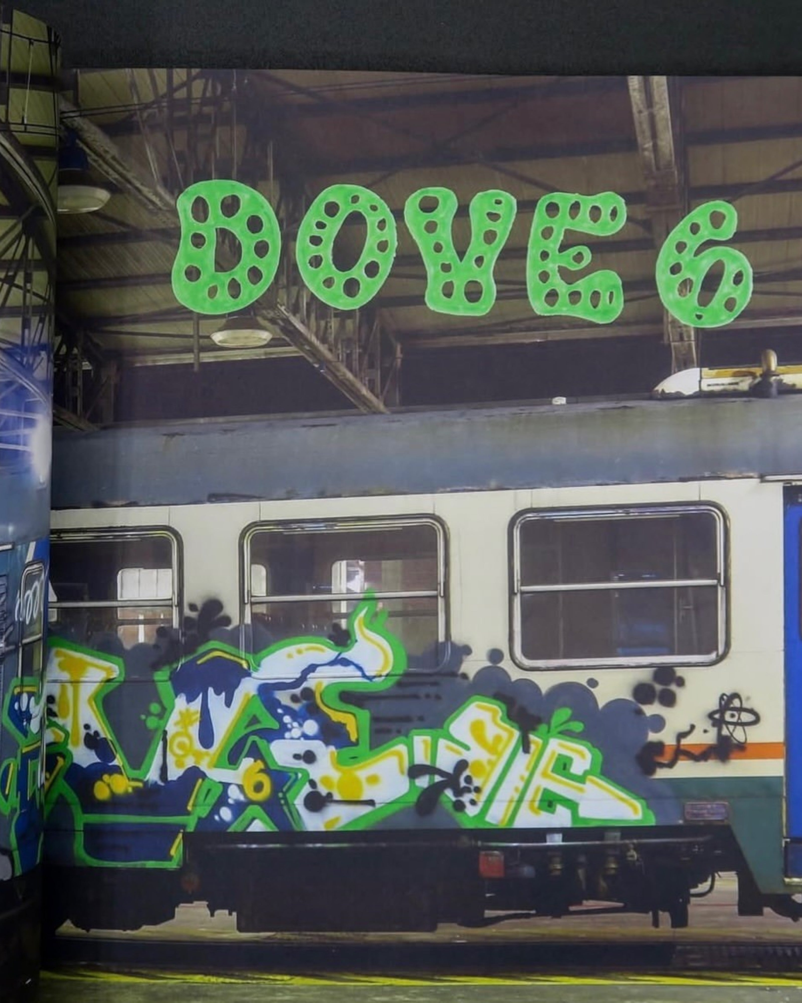 Astrofat Reincarnations book page showing a train carriage covered in vibrant graffiti art with green text overlay.