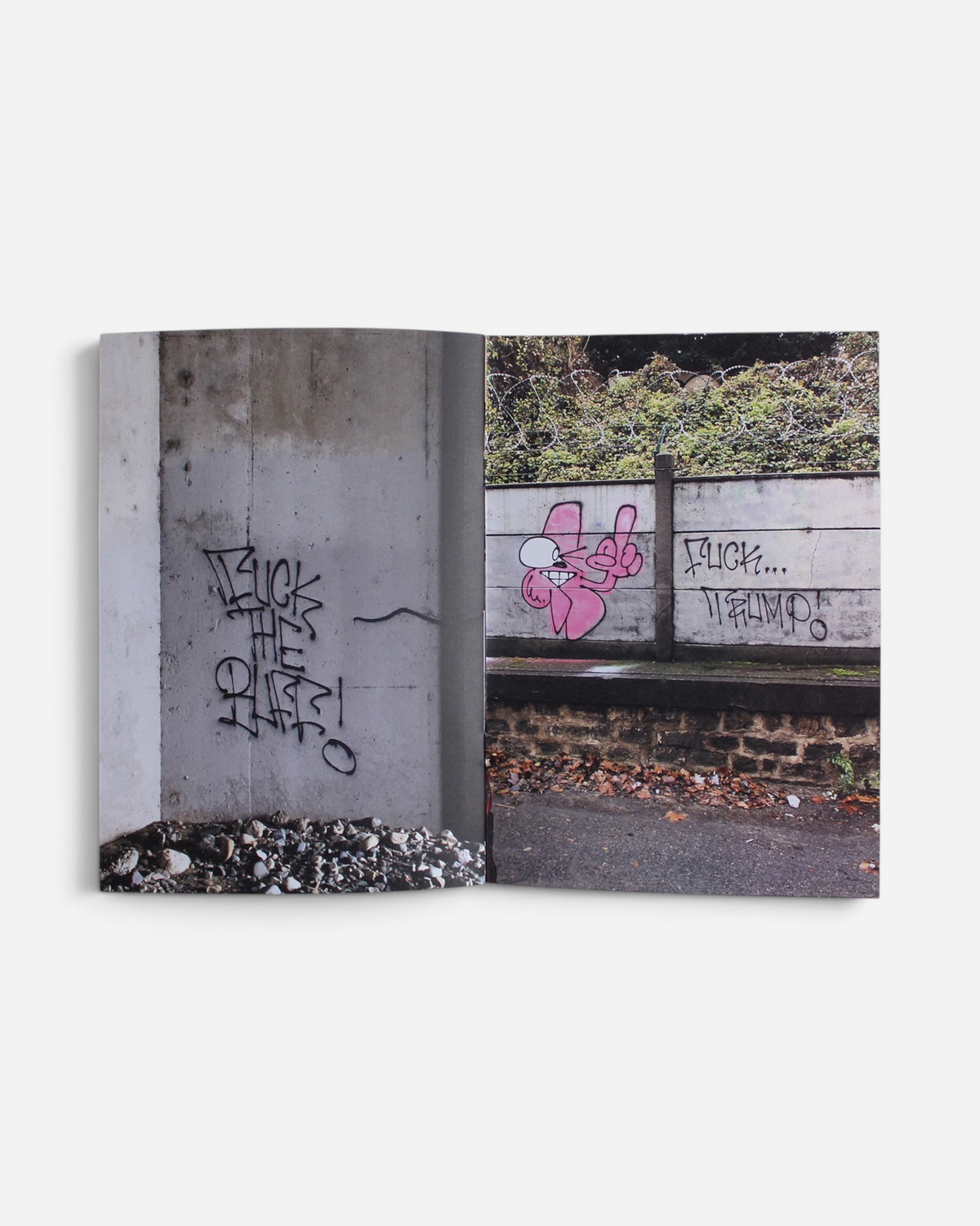 Astrofat Remio Very Top Secret zine open to a spread showing graffiti art on concrete walls and a pink character.