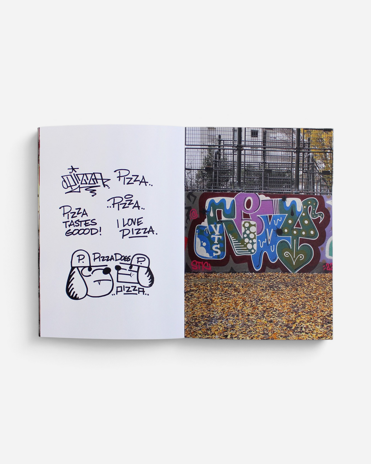 Astrofat Remio Very Top Secret zine open to pages showing black ink graffiti sketches and a colourful wall mural.