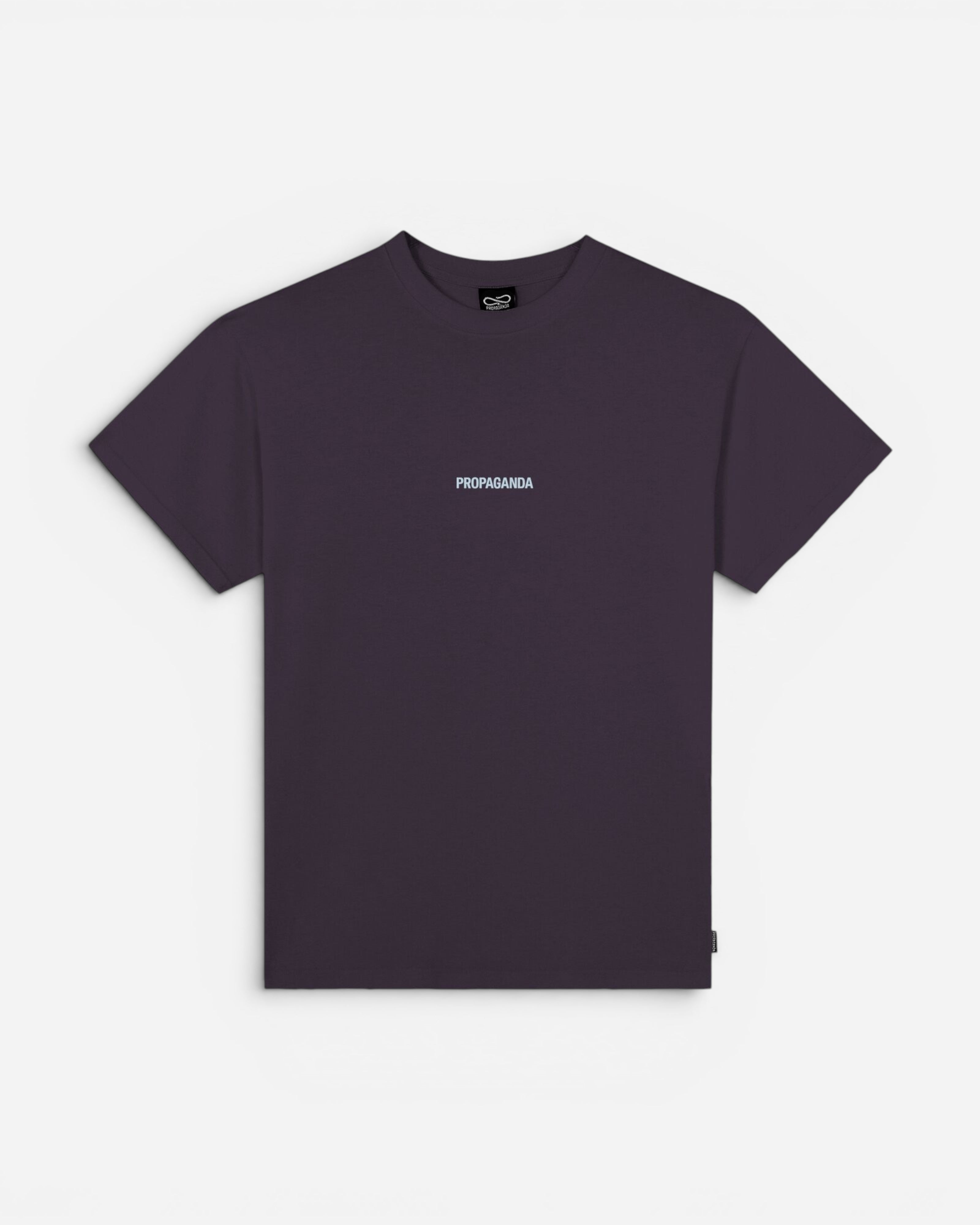 Astrofat Ribs Lord T-shirt in grape purple cotton with a small 'PROPAGANDA' logo on the chest and a custom label on the side.