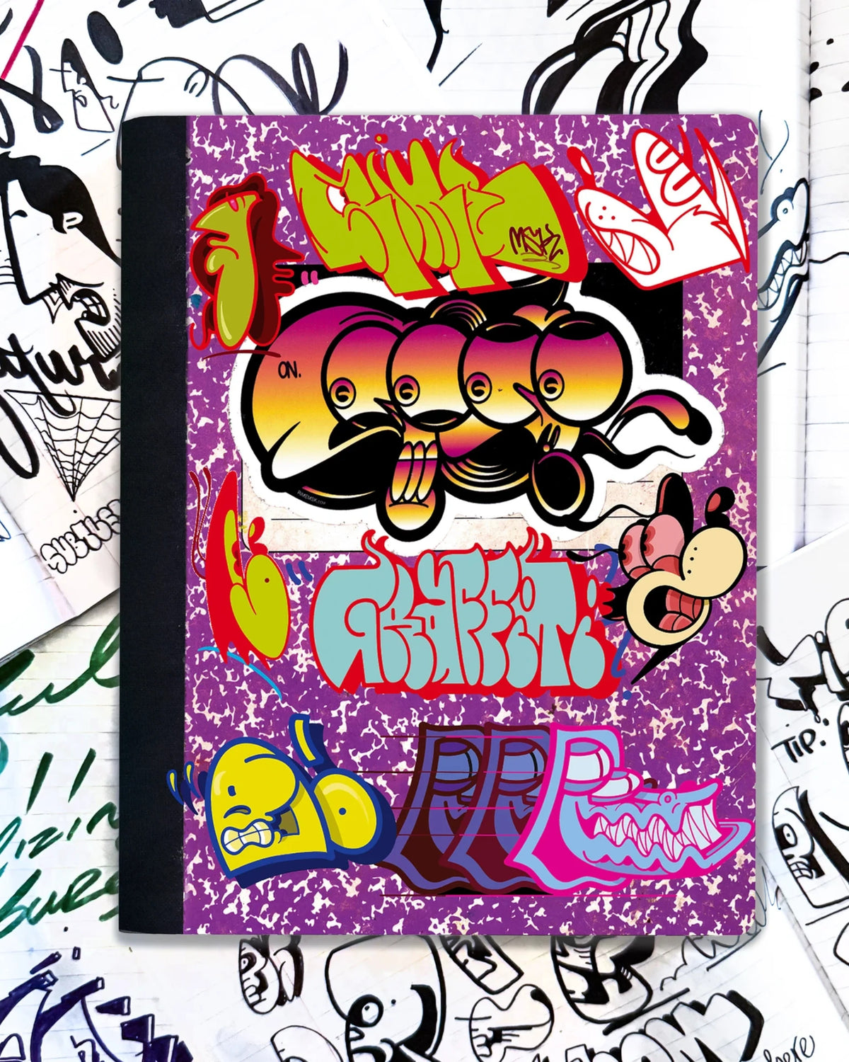 Astrofat Rime Direction Diary Vol.1 softcover book featuring colorful graffiti sketches on a purple marble cover.