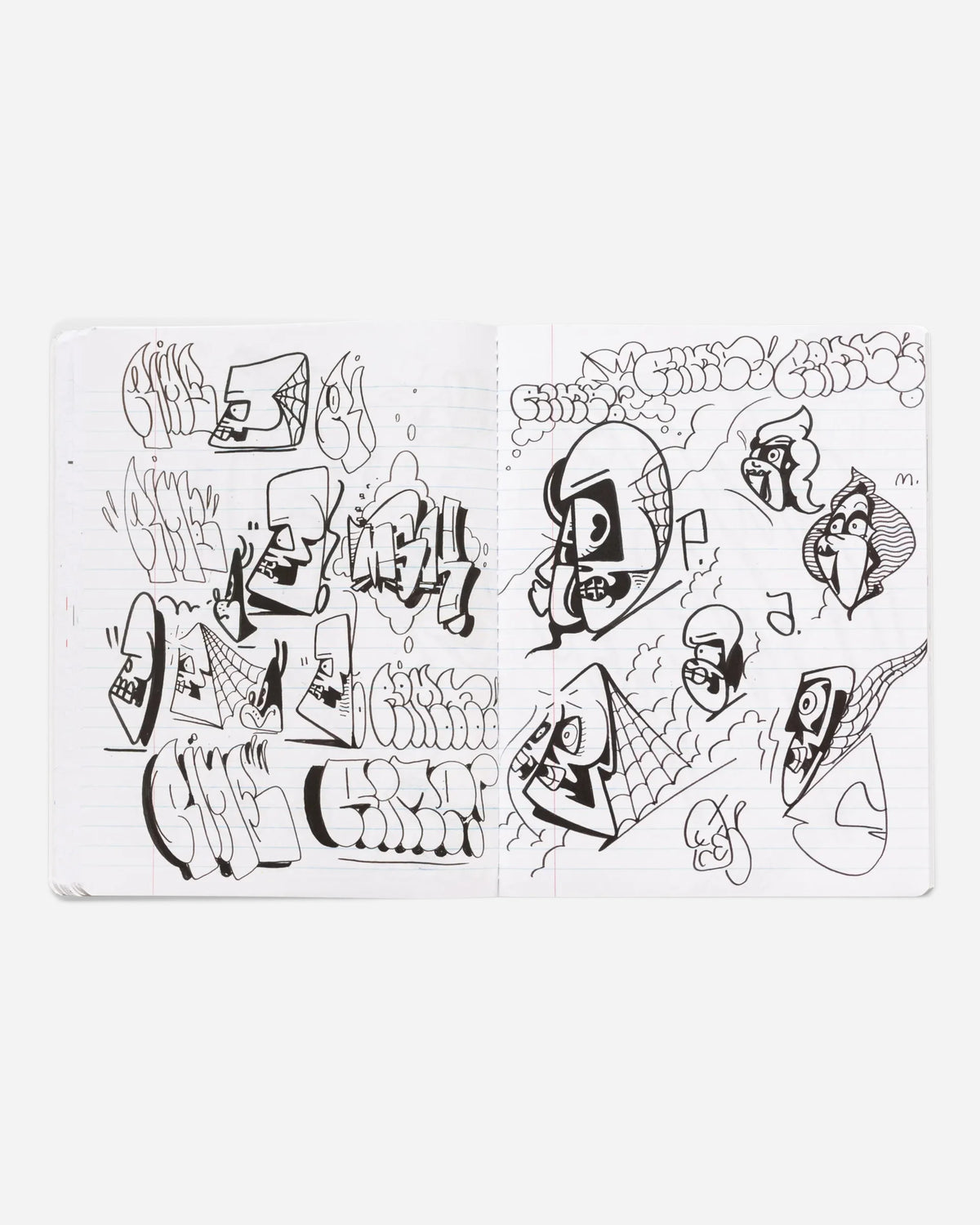 Astrofat Rime Direction Diary Vol.1 open book showing black and white graffiti sketches, tags, and cartoon characters.