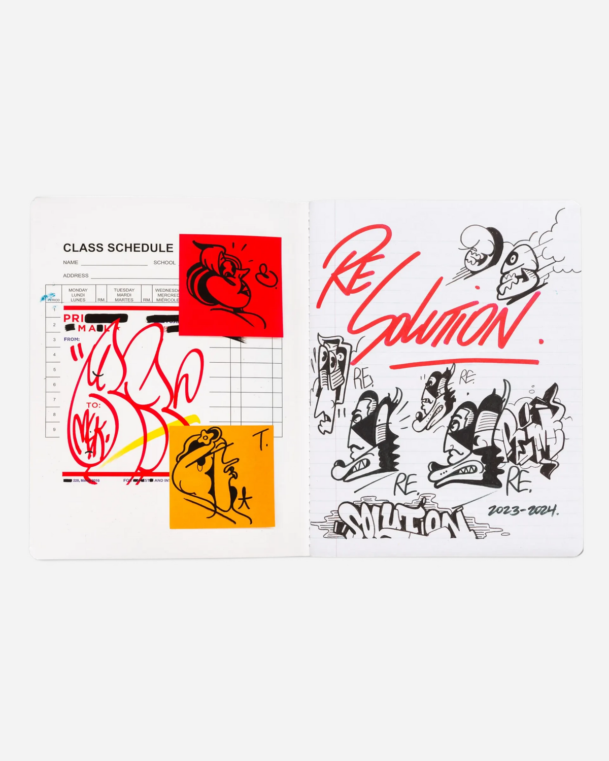 Astrofat Rime Direction Diary Vol.1 open book showing graffiti sketches, tags, and cartoon characters on paper pages.