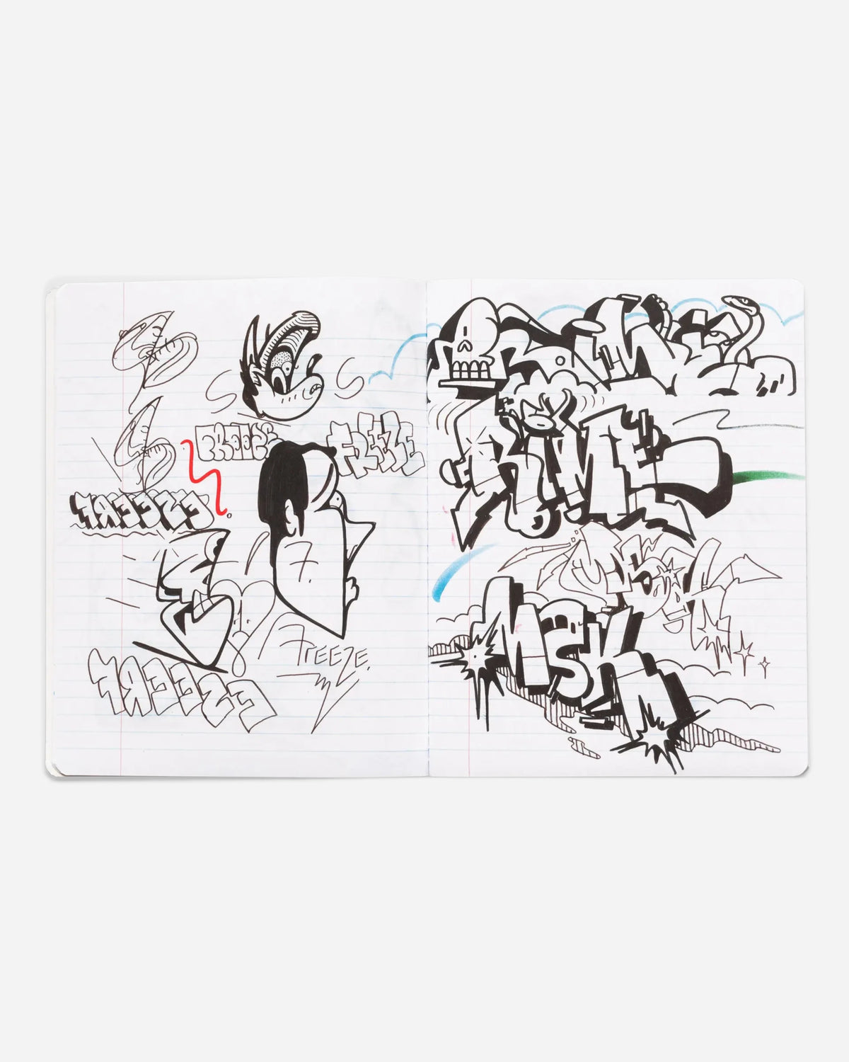 Astrofat Rime Direction Diary Vol.1 open book showing black ink graffiti sketches, tags, and cartoon characters