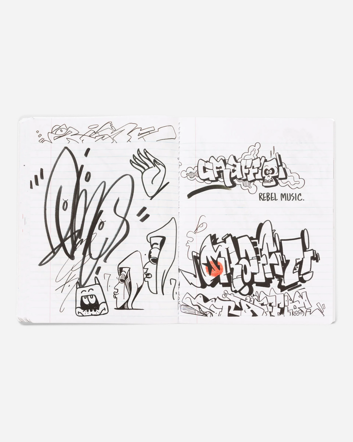 Astrofat Rime Direction Diary Vol.1 open book showing black and white graffiti sketches, tags, and cartoon characters.