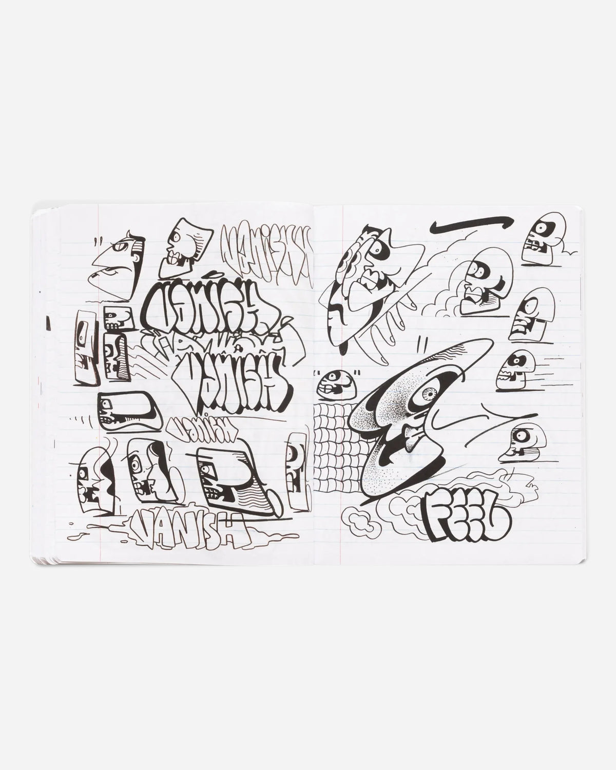Open pages of Astrofat Rime Direction Diary Vol.1 featuring black ink graffiti sketches, tags, and cartoon characters.