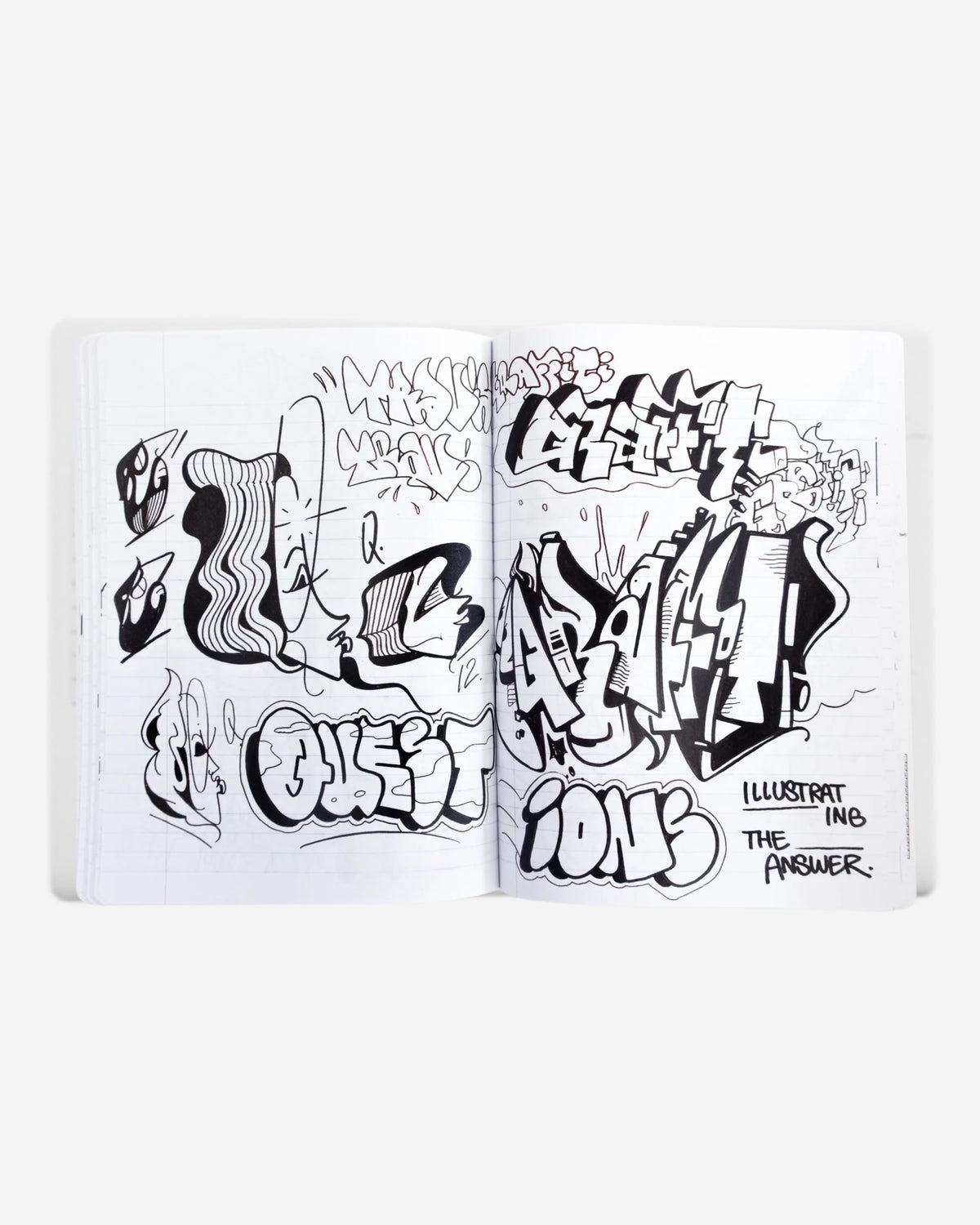Open pages of Astrofat Rime Direction Diary Vol.1 featuring black and white graffiti sketches, tags, and illustrations.
