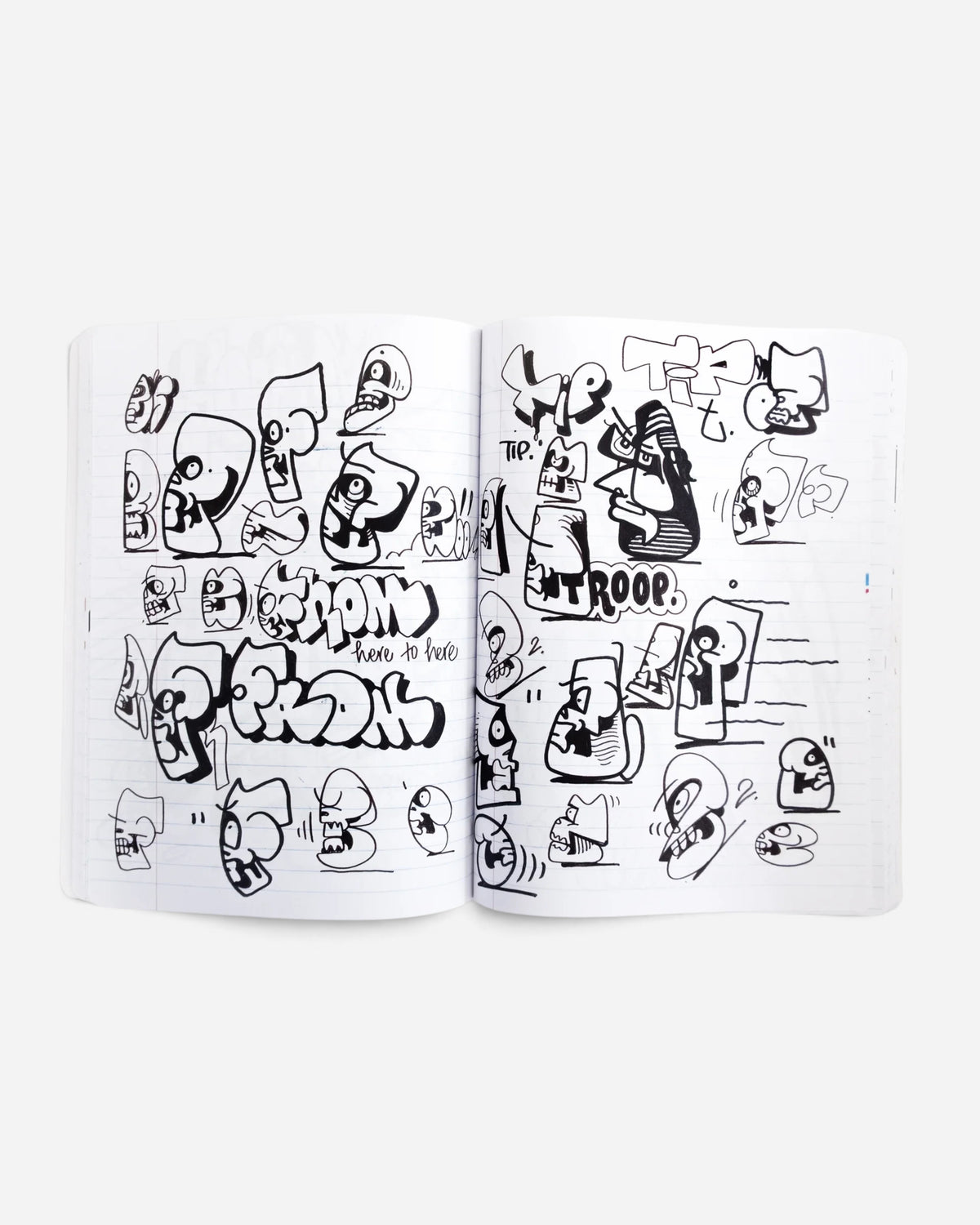 Astrofat Rime Direction Diary Vol.1 open book showing black and white graffiti sketches and character designs