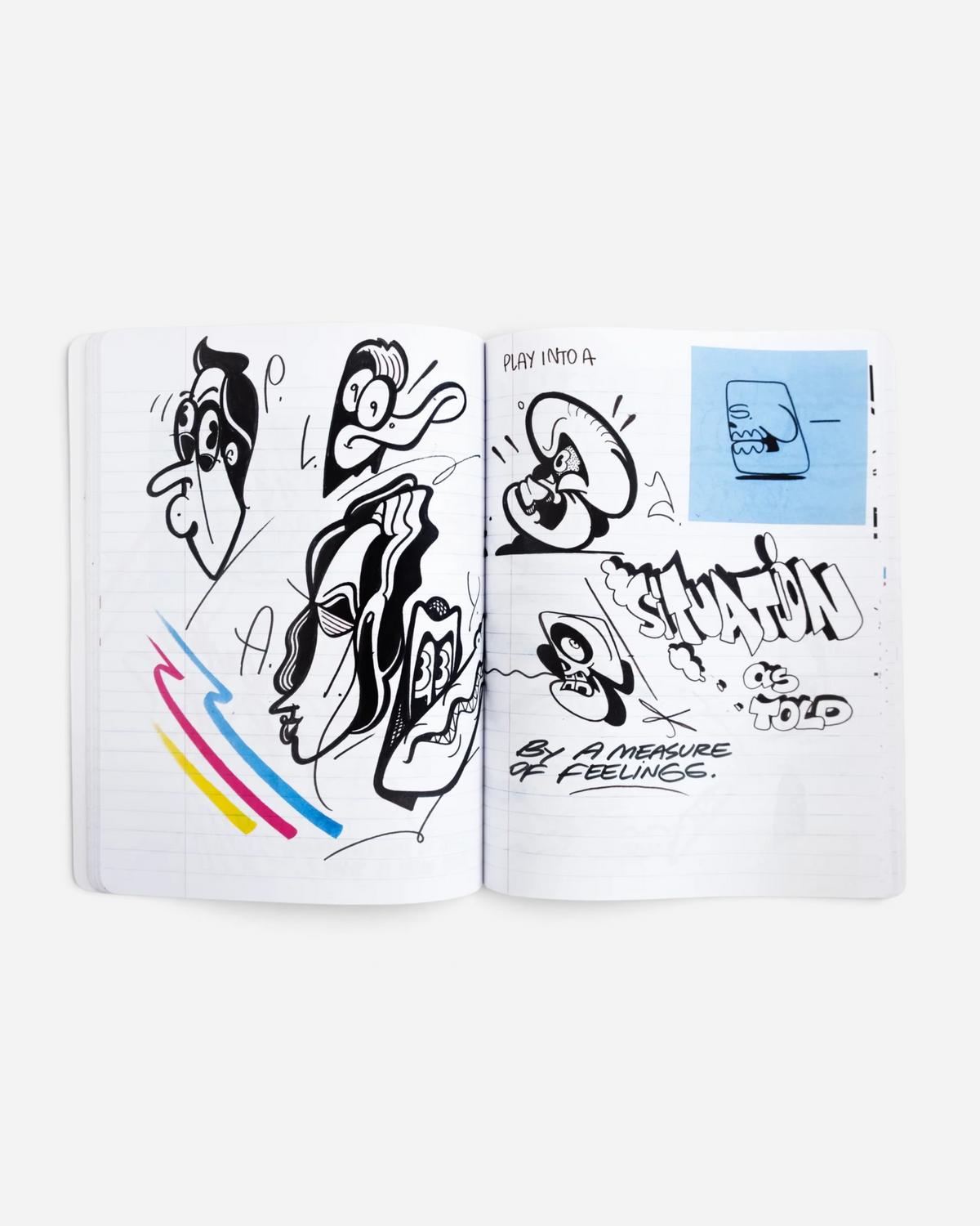 Astrofat Rime Direction Diary Vol.1 open book showing black ink graffiti sketches, cartoon characters, and lettering.
