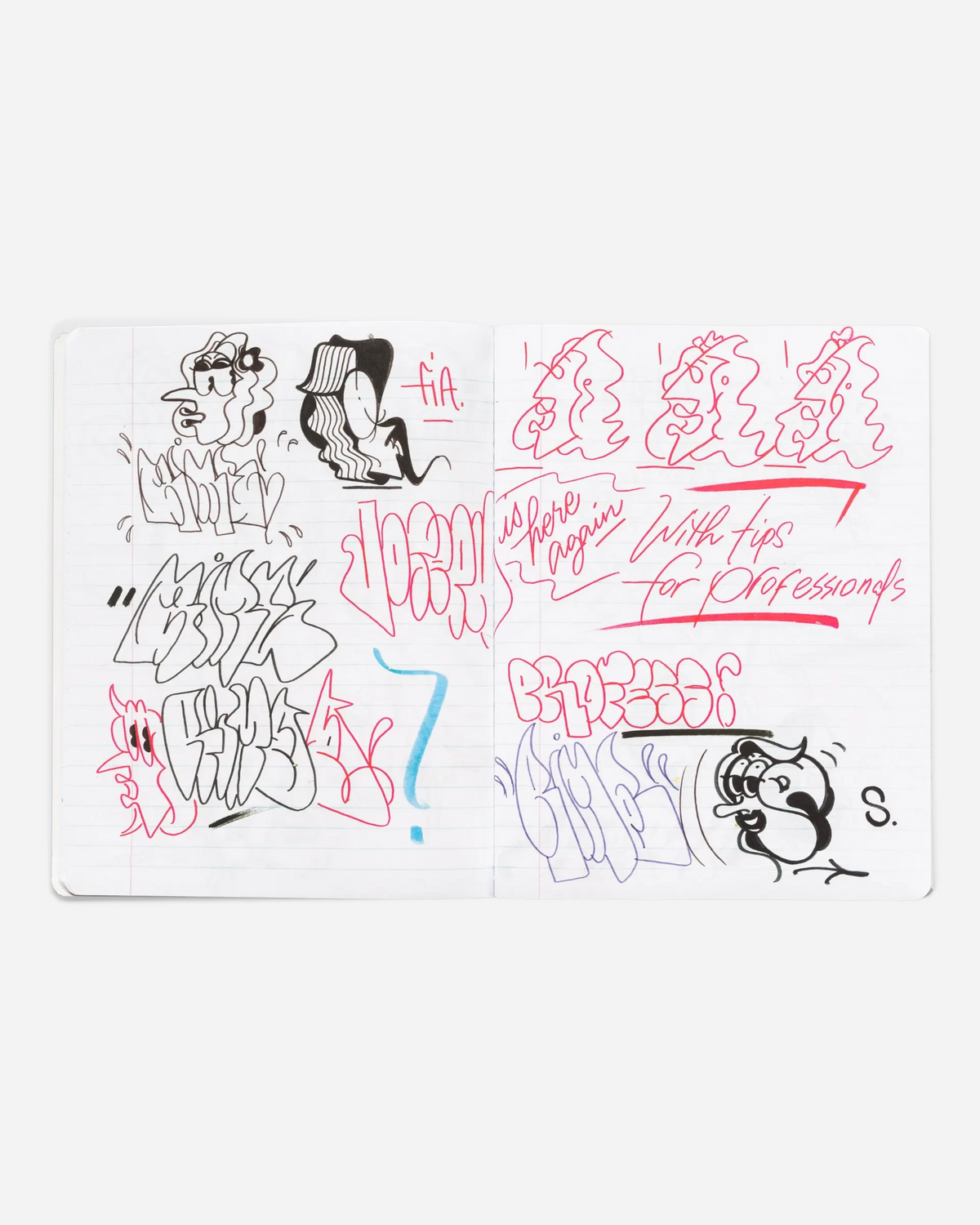 Astrofat Rime Direction Diary Vol.1 open book showing graffiti sketches, tags, and cartoon characters in ink.