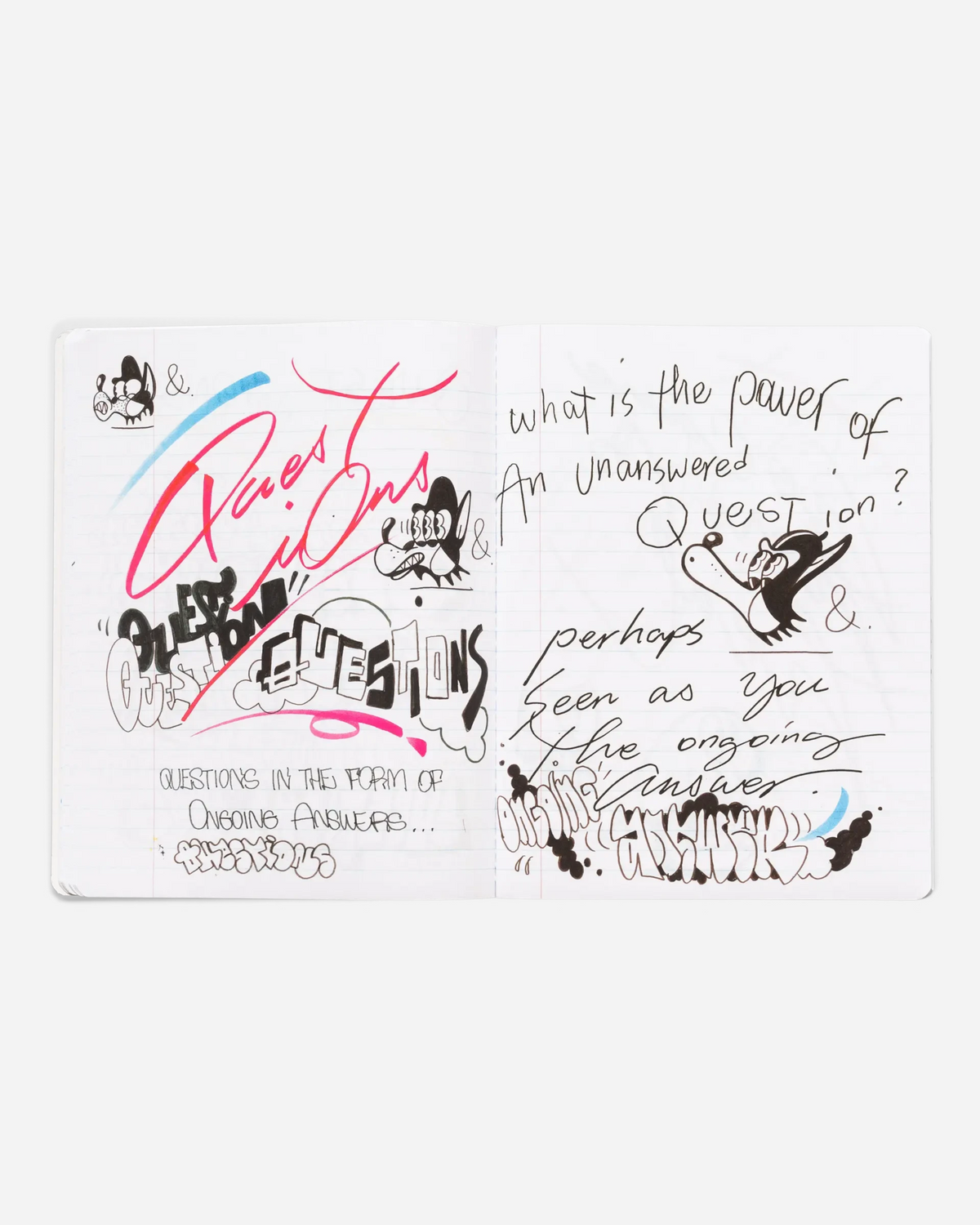 Astrofat Rime Direction Diary Vol.1 open book showing hand-drawn graffiti sketches, cartoon characters, and calligraphy
