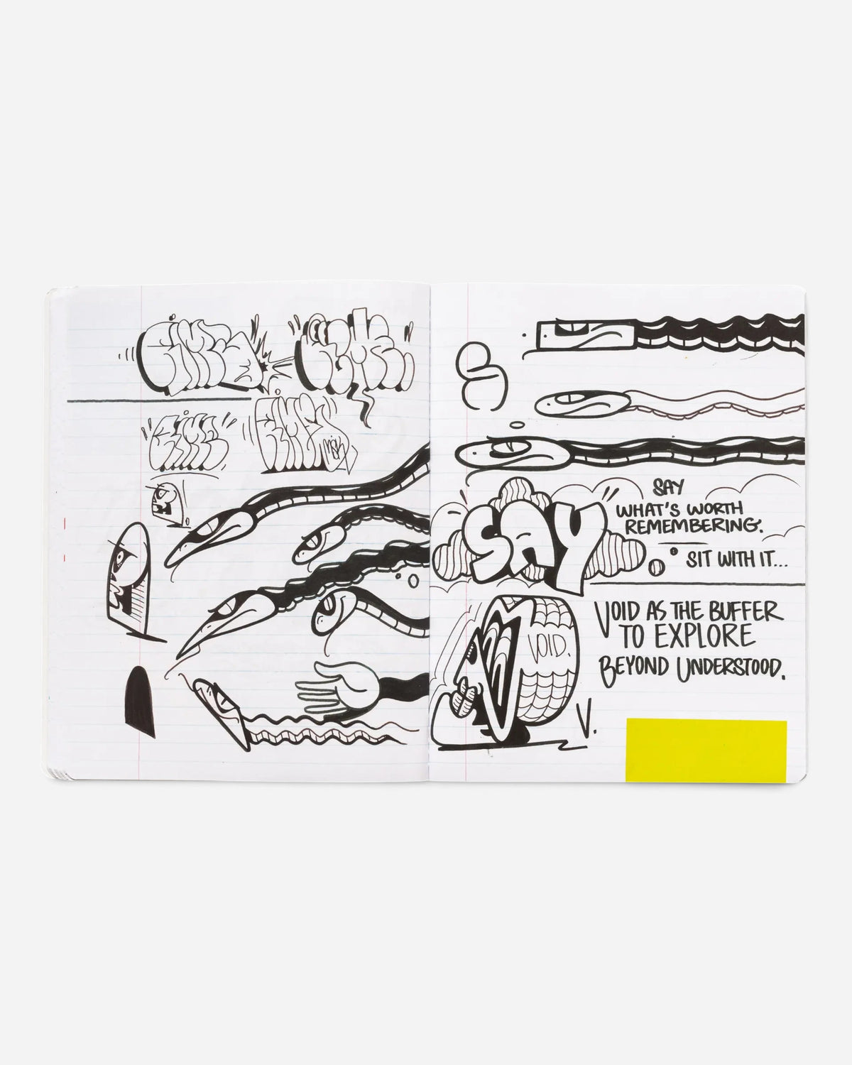 Astrofat Rime Direction Diary Vol.1 open sketchbook showing black ink graffiti sketches of snakes and lettering.