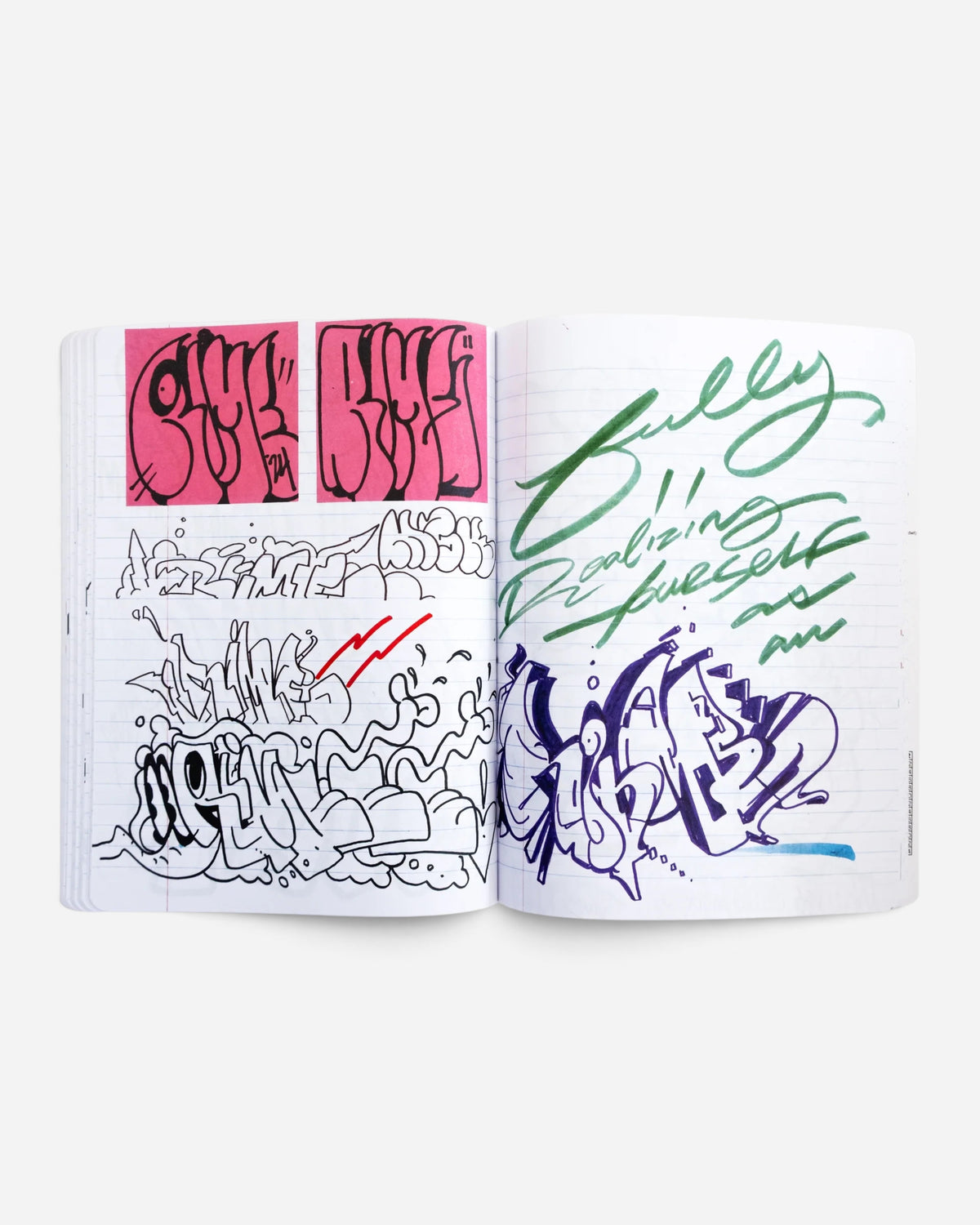 Astrofat Rime Direction Diary Vol.1 open book showing graffiti sketches, tags, and ink illustrations on paper pages.