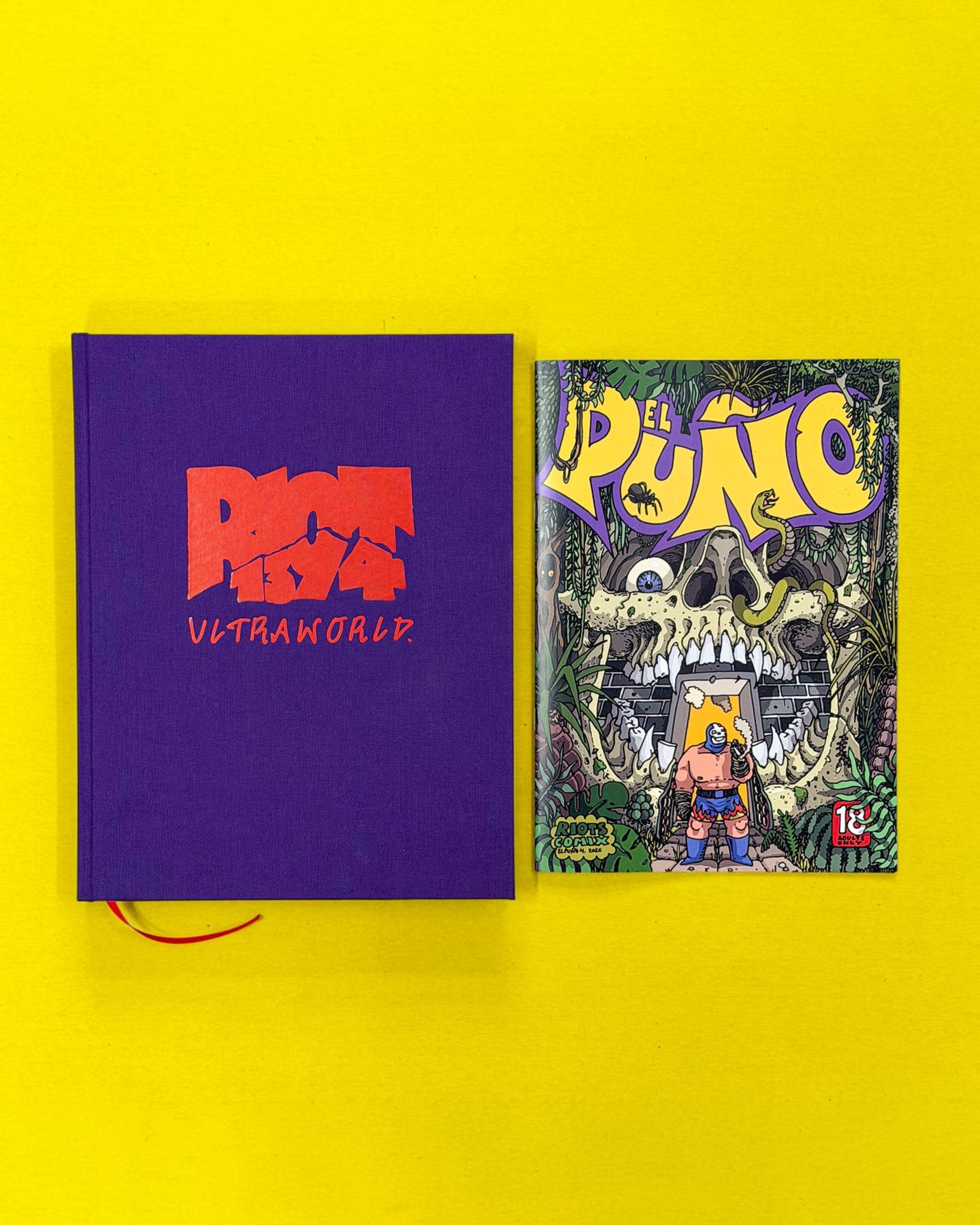 Astrofat RIOT1394 Ultraworld book and El Puno comic book, both featuring vibrant, graphic artwork. The book is purple with red lettering, the comic is colorful with a skull and jungle theme.
