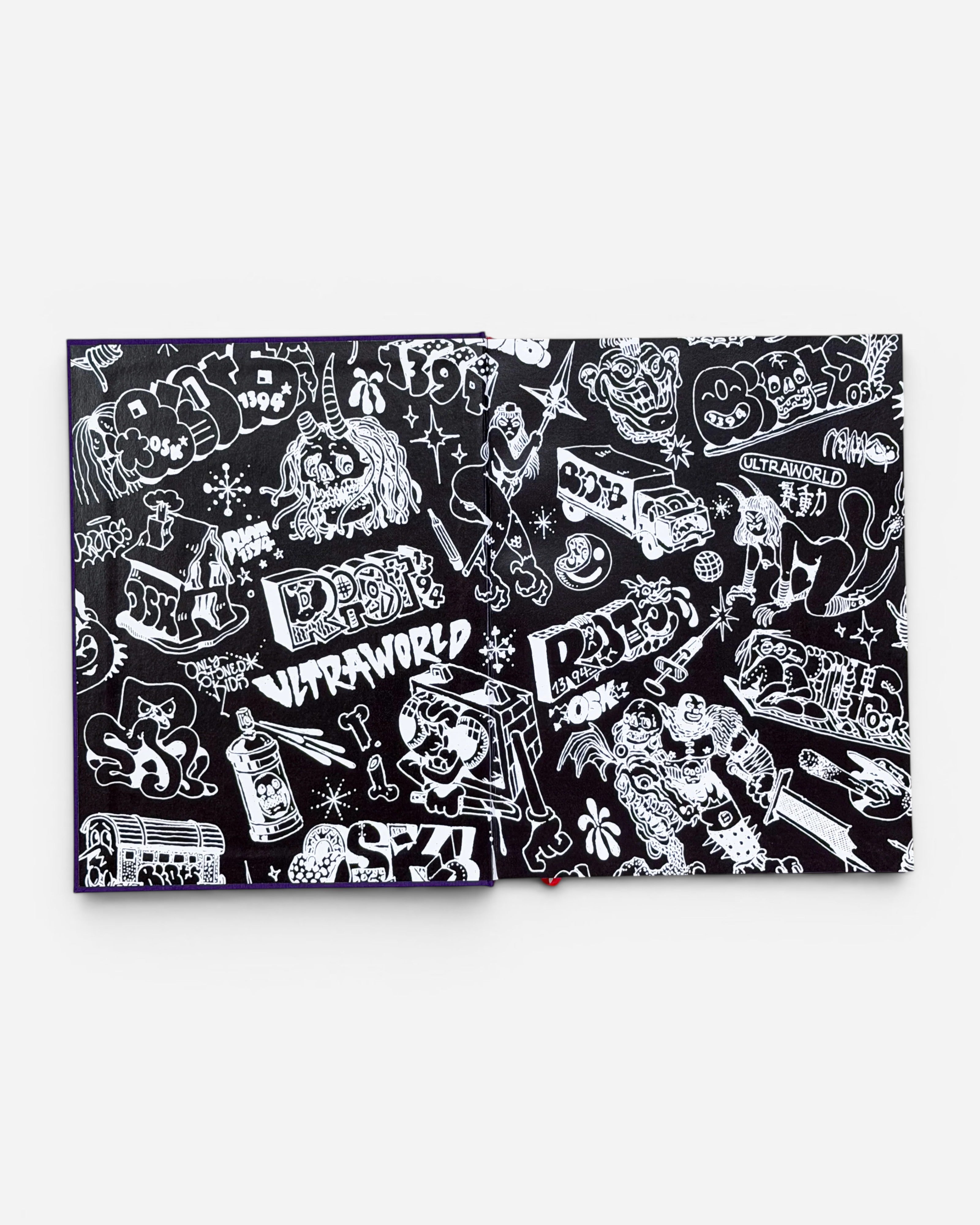Astrofat RIOT1394 Ultraworld book cover featuring black and white graffiti art with monsters, spray cans, and text.