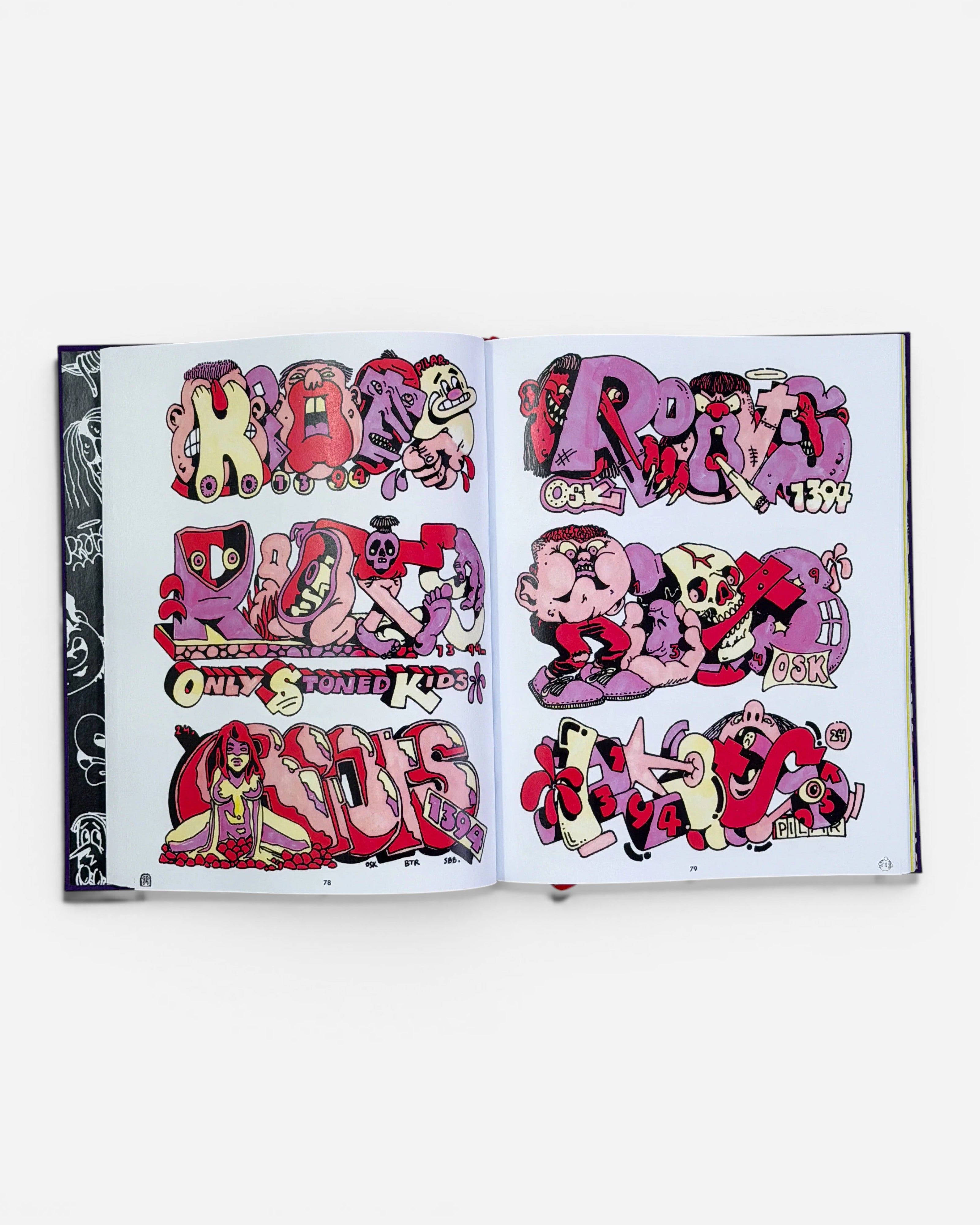 Astrofat RIOT1394 Ultraworld book open to pages with colorful graffiti art, featuring characters and lettering in pink, purple, and yellow.