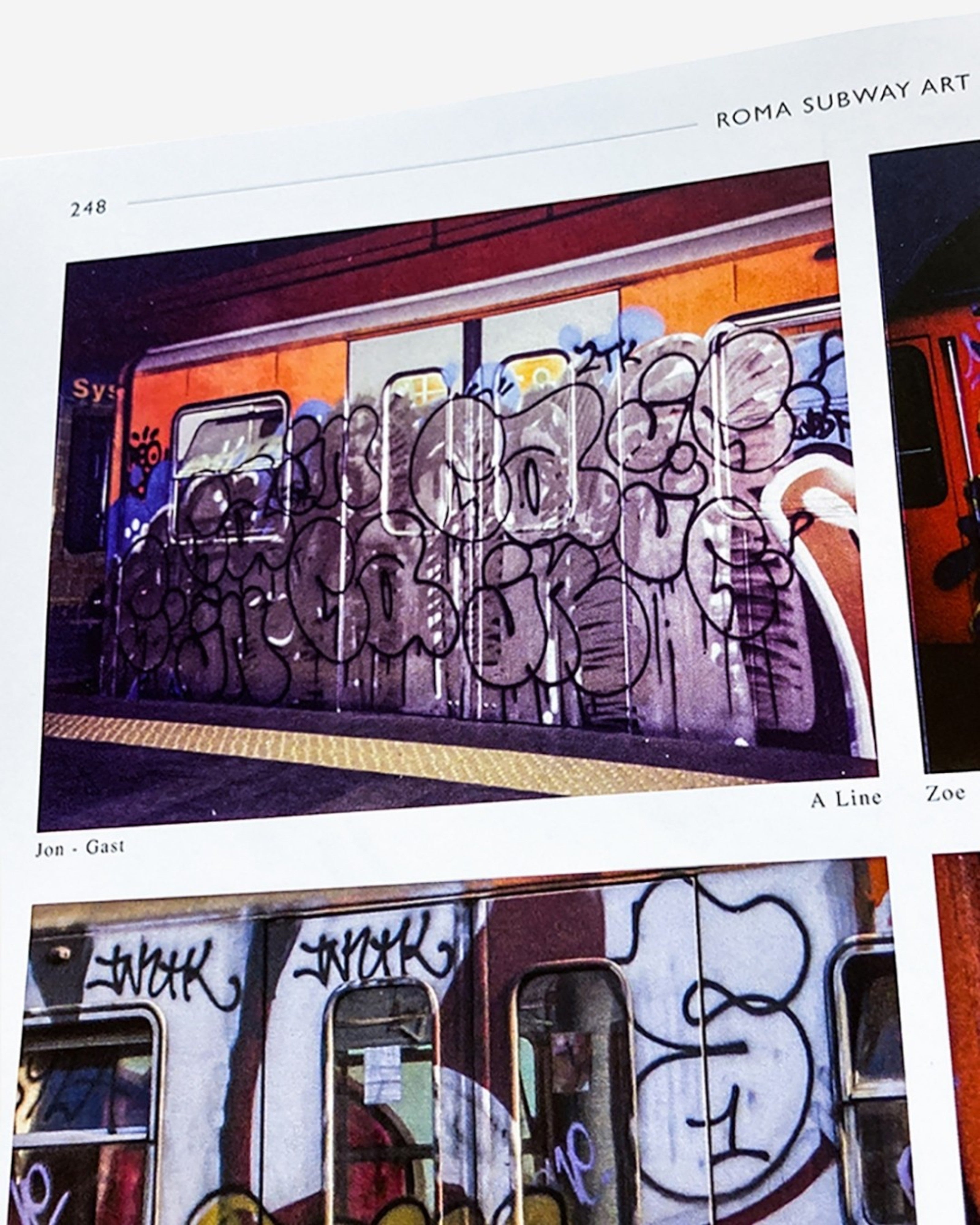 Astrofat Roma Subway Art book page showing detailed graffiti photography on subway train cars in Rome