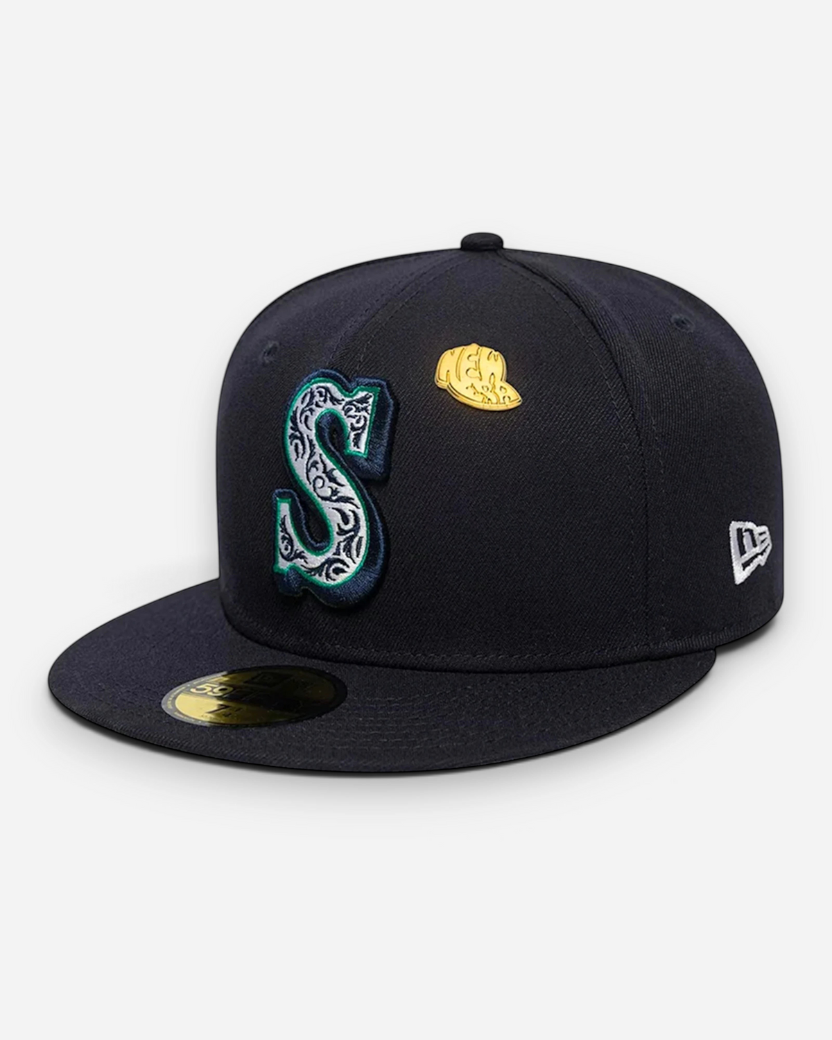 Astrofat navy 59FIFTY Seattle Mariners Cooperstown fitted cap with flat brim, grey undervisor, and gold cap pin.