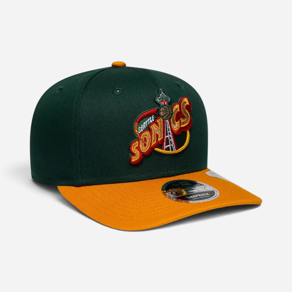 Astrofat 9FIFTY Seattle Supersonics NBA Hardwood Classic snapback cap in dark green with an orange flat visor.