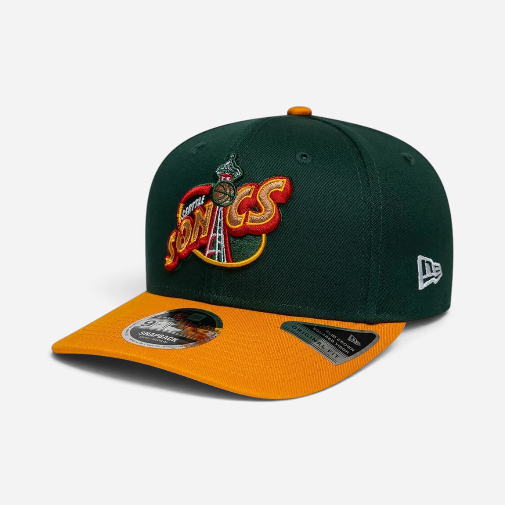 Astrofat 9FIFTY Seattle Supersonics NBA Hardwood Classic snapback cap in dark green with an orange flat visor.