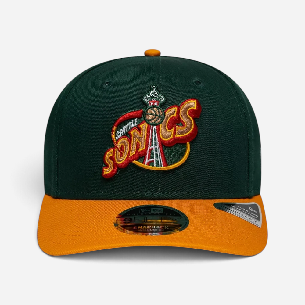 Astrofat 9FIFTY Seattle Supersonics NBA Hardwood Classic snapback cap in dark green with an orange flat visor.