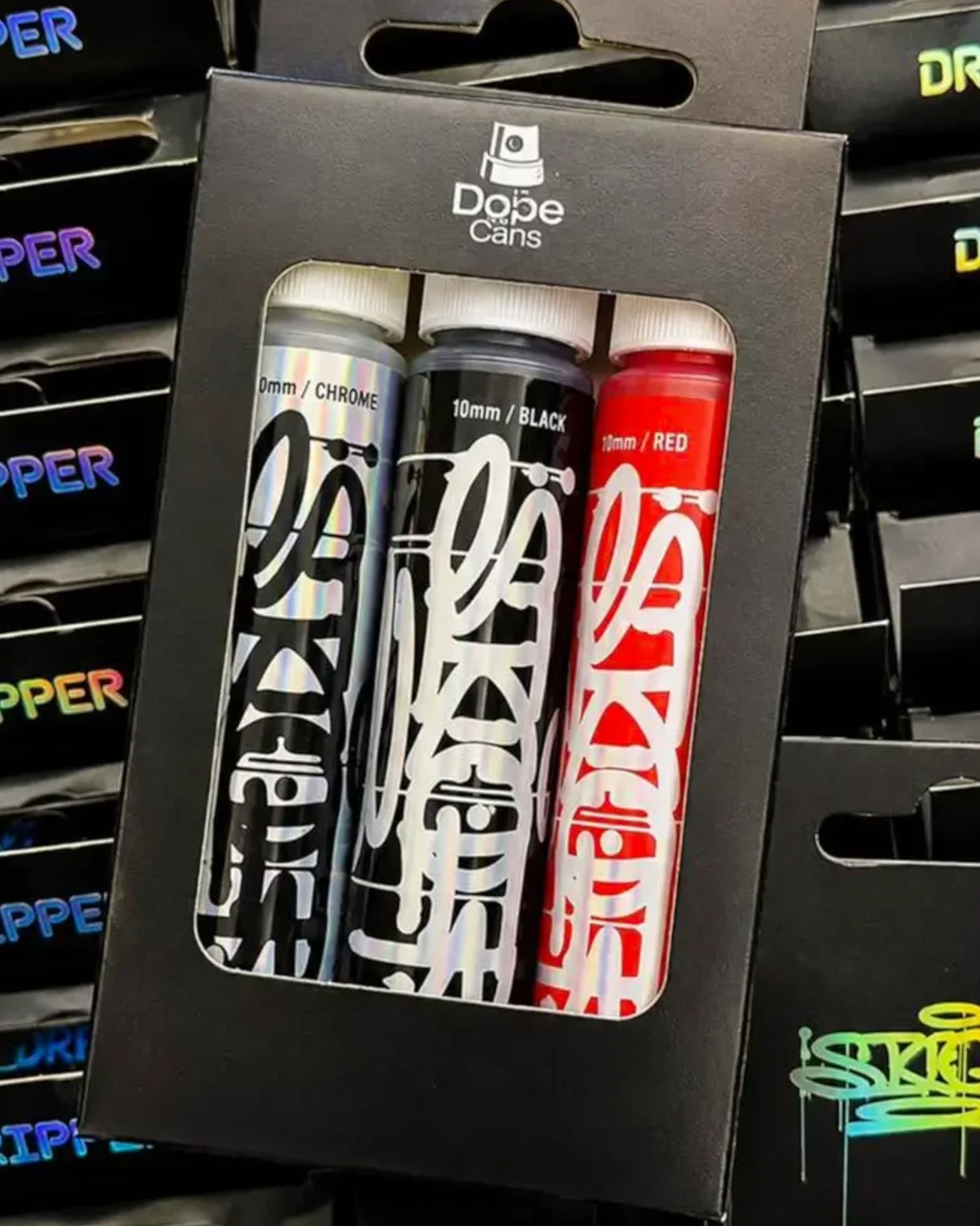 Astrofat Sicoer x Dope Dripper limited edition set featuring three 10mm tagging markers in chrome, black, and red ink.