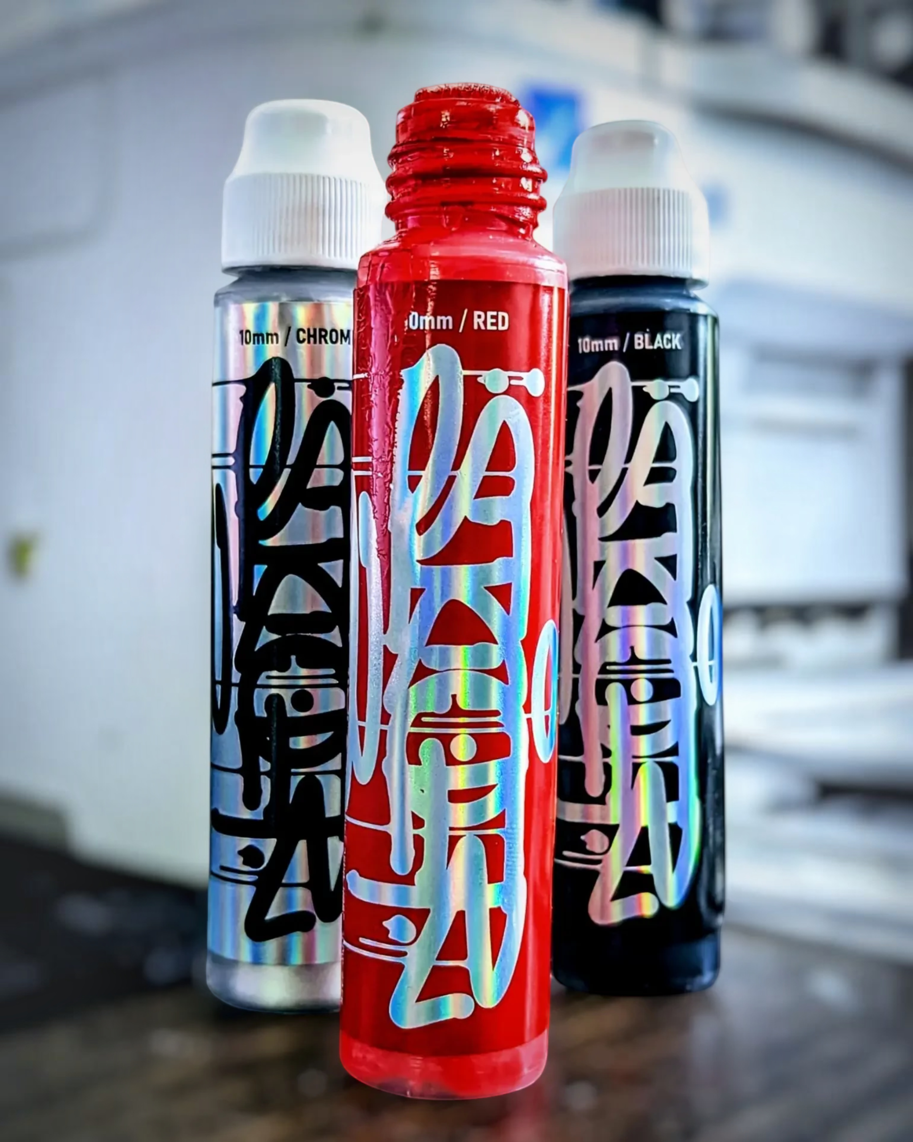 Astrofat Sicoer x Dope Dripper 5mm tagging markers in chrome, red, and black with UV-resistant ink